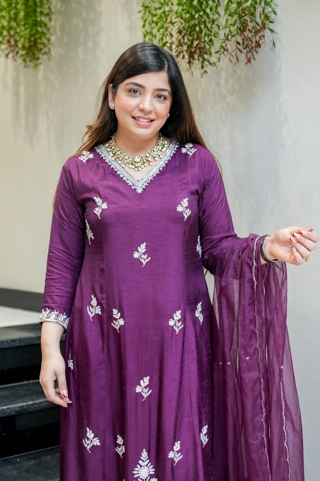 Wine Muslin Designer Embroidered Readymade Suit Set