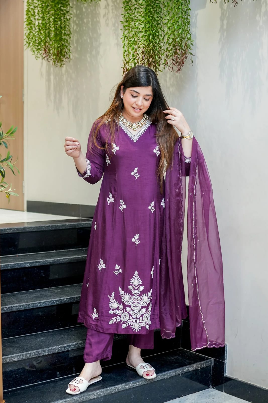 Wine Muslin Designer Embroidered Readymade Suit Set