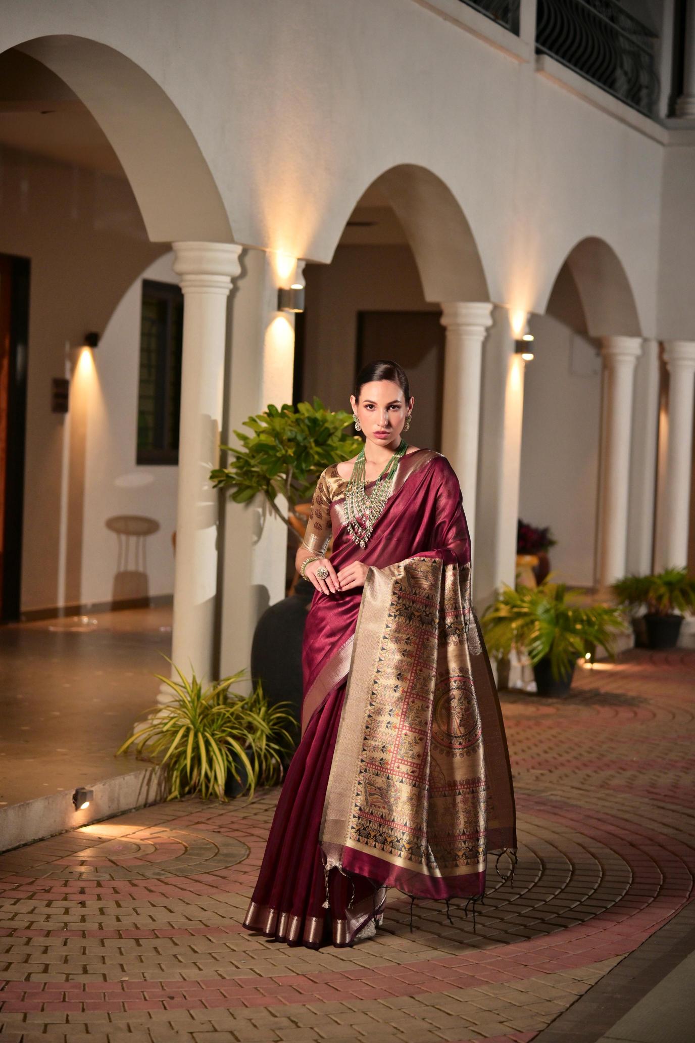 Wine N Beige Khadi Raw Silk Saree