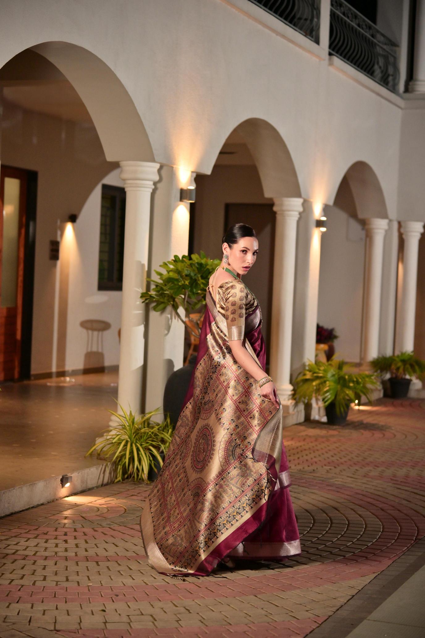 Wine N Beige Khadi Raw Silk Saree — alternate view