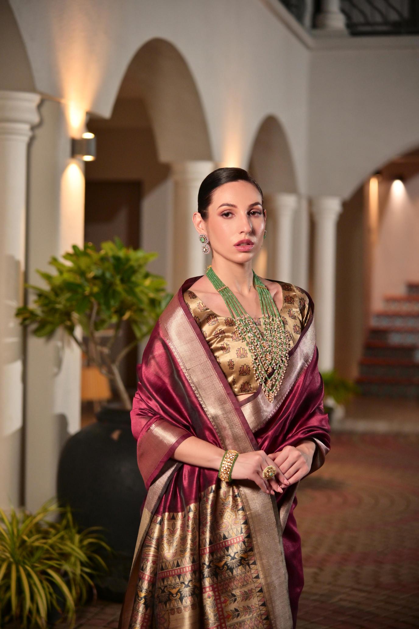 Wine N Beige Khadi Raw Silk Saree