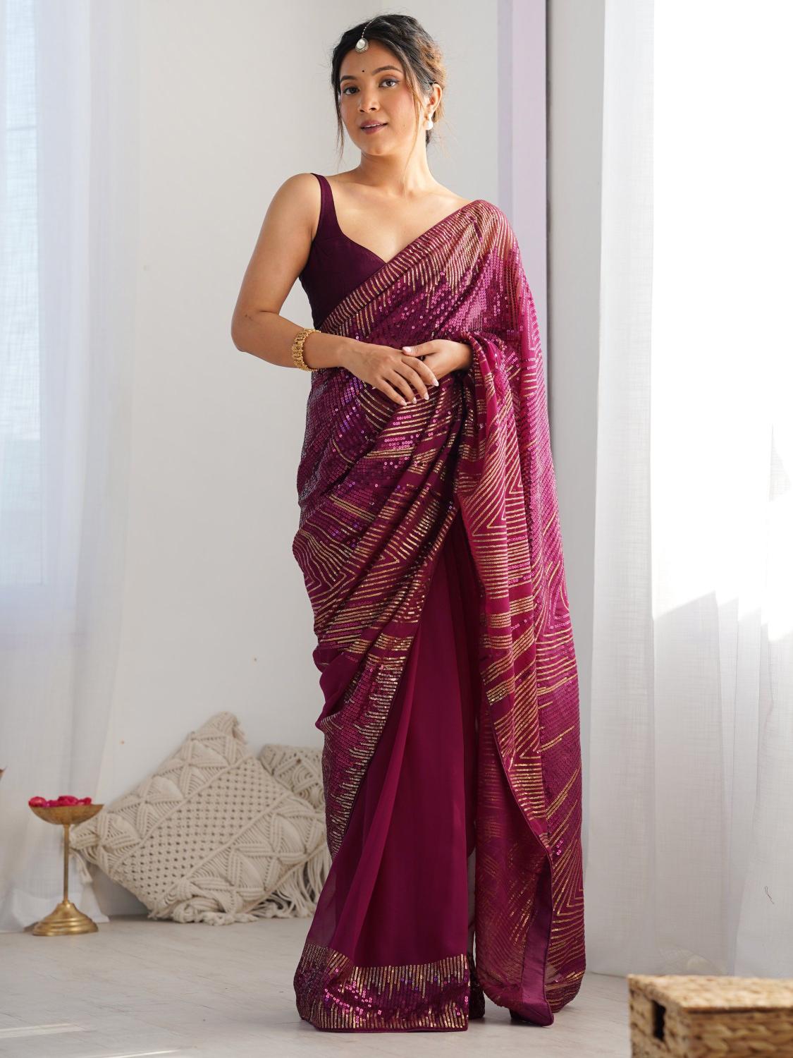 Wine N Gold Patterned Sequin Georgette Designer Embroidered Saree
