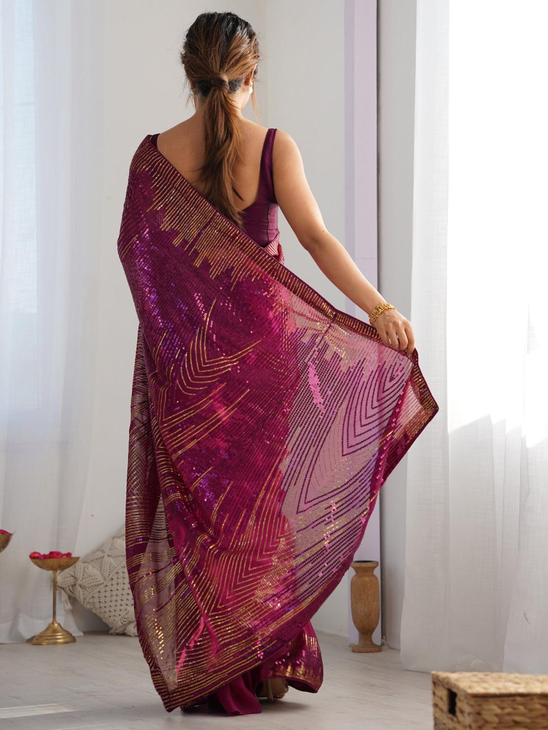 Wine N Gold Patterned Sequin Georgette Designer Embroidered Saree — alternate view