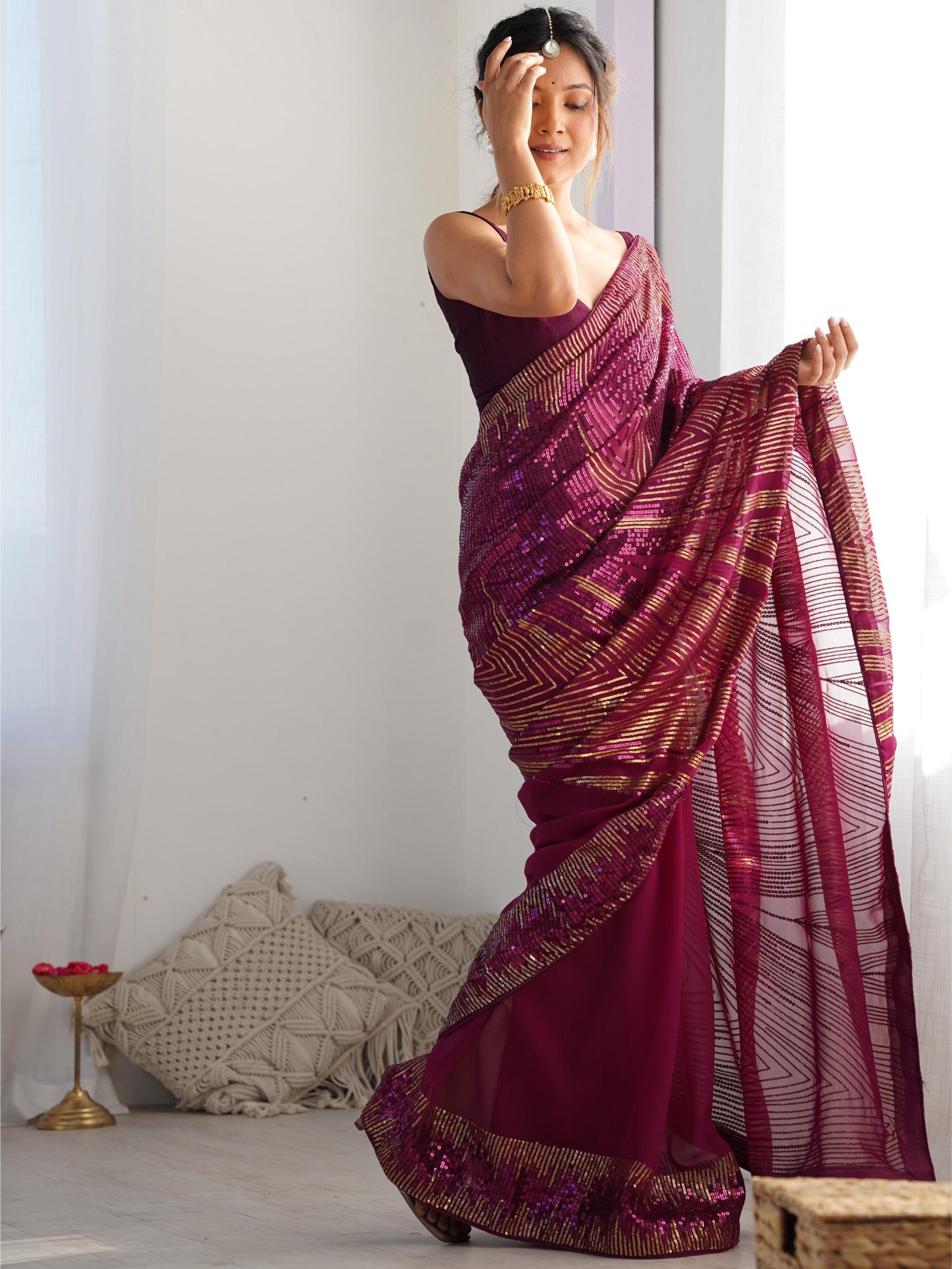 Wine N Gold Patterned Sequin Georgette Designer Embroidered Saree