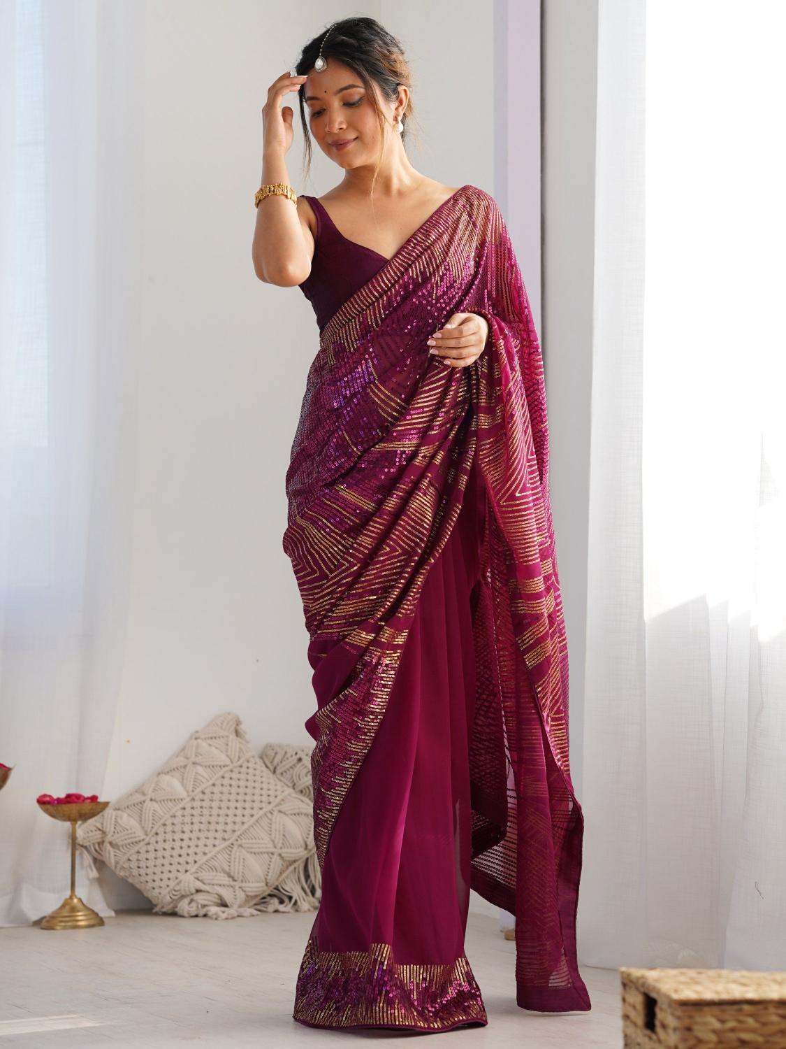 Wine N Gold Patterned Sequin Georgette Designer Embroidered Saree