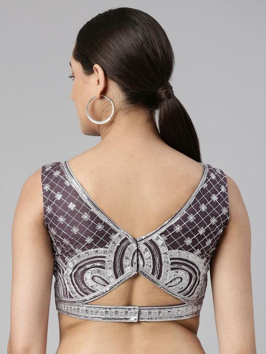 Wine Net Heavy Embroidery Readymade Blouse — alternate view