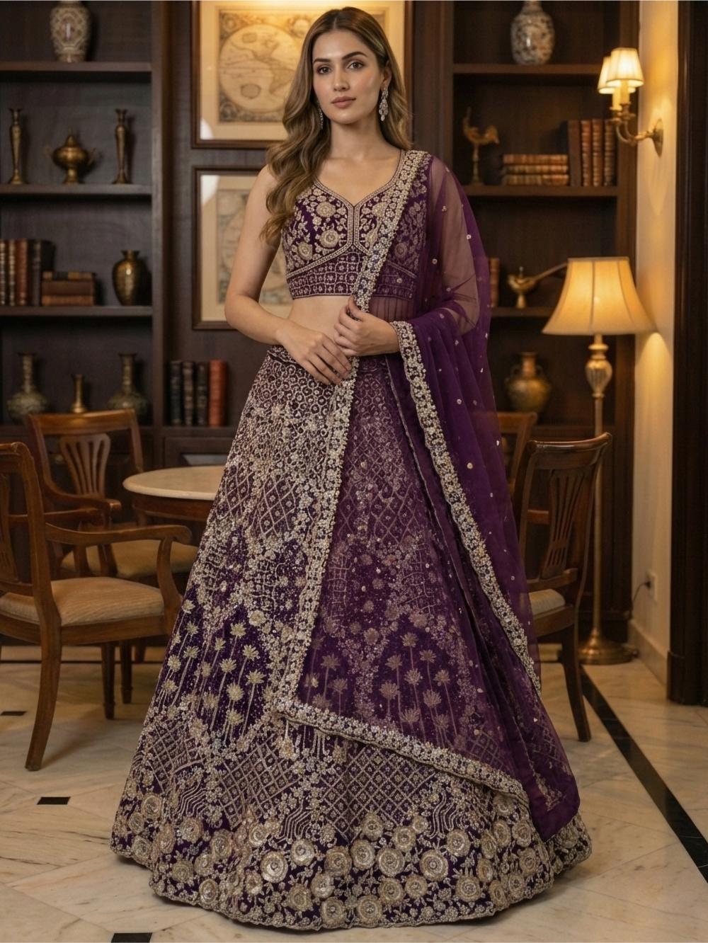 Wine Net Sequins Embroidered Lehenga Choli