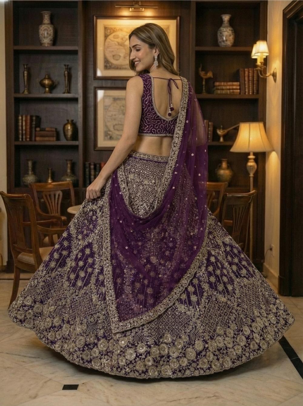 Wine Net Sequins Embroidered Lehenga Choli — alternate view
