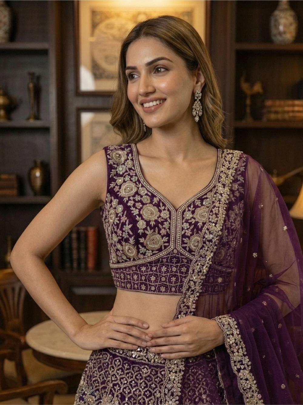 Wine Net Sequins Embroidered Lehenga Choli