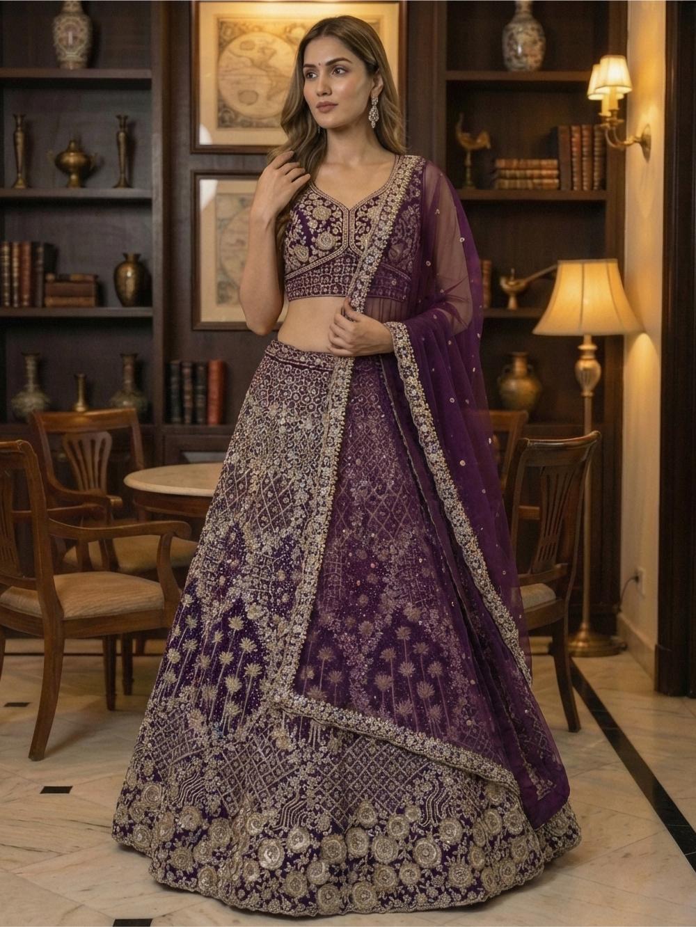 Wine Net Sequins Embroidered Lehenga Choli