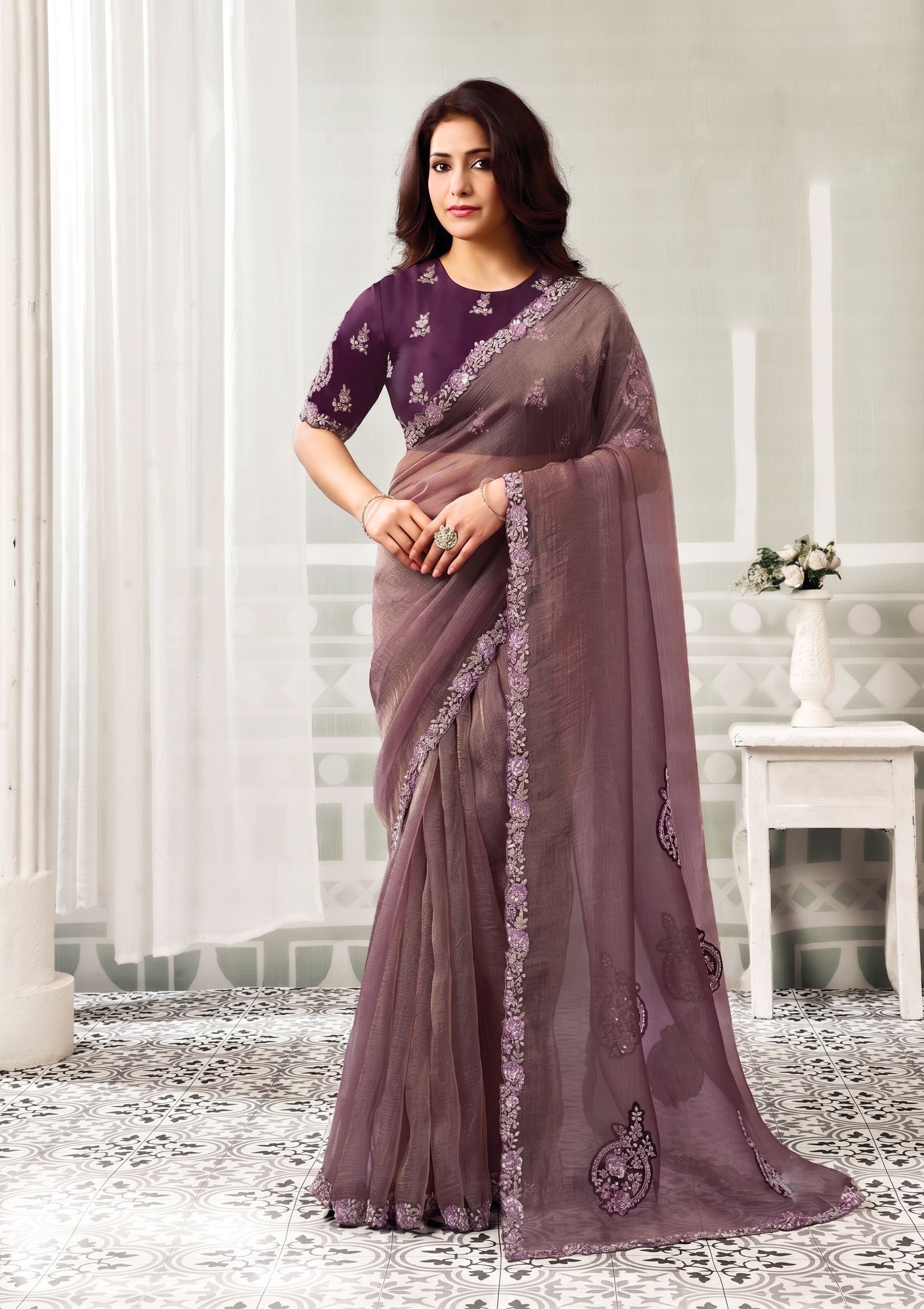 Wine Organza Satin Embroidered Saree