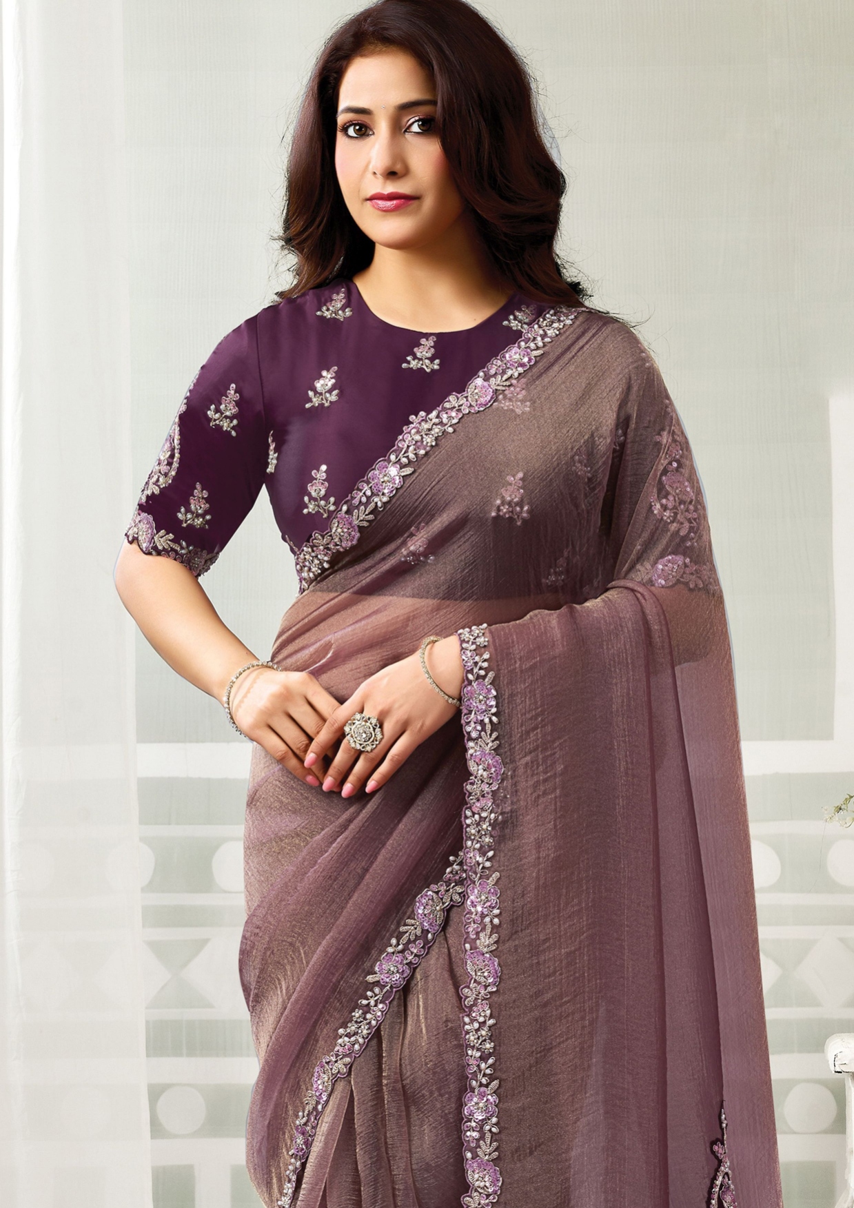 Wine Organza Satin Embroidered Saree — alternate view