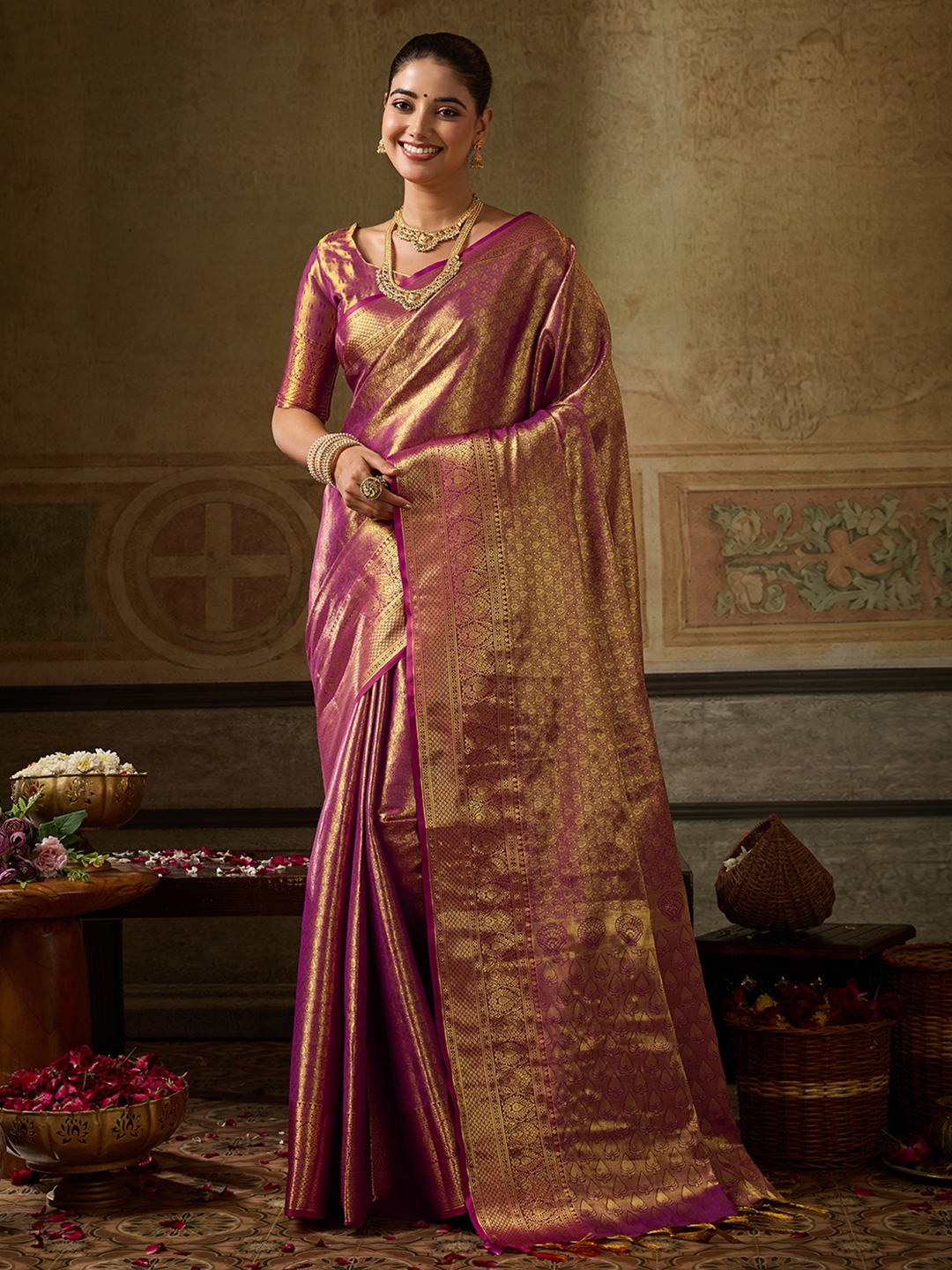 Wine Paisley Zari Work Kanchivaram Silk Saree