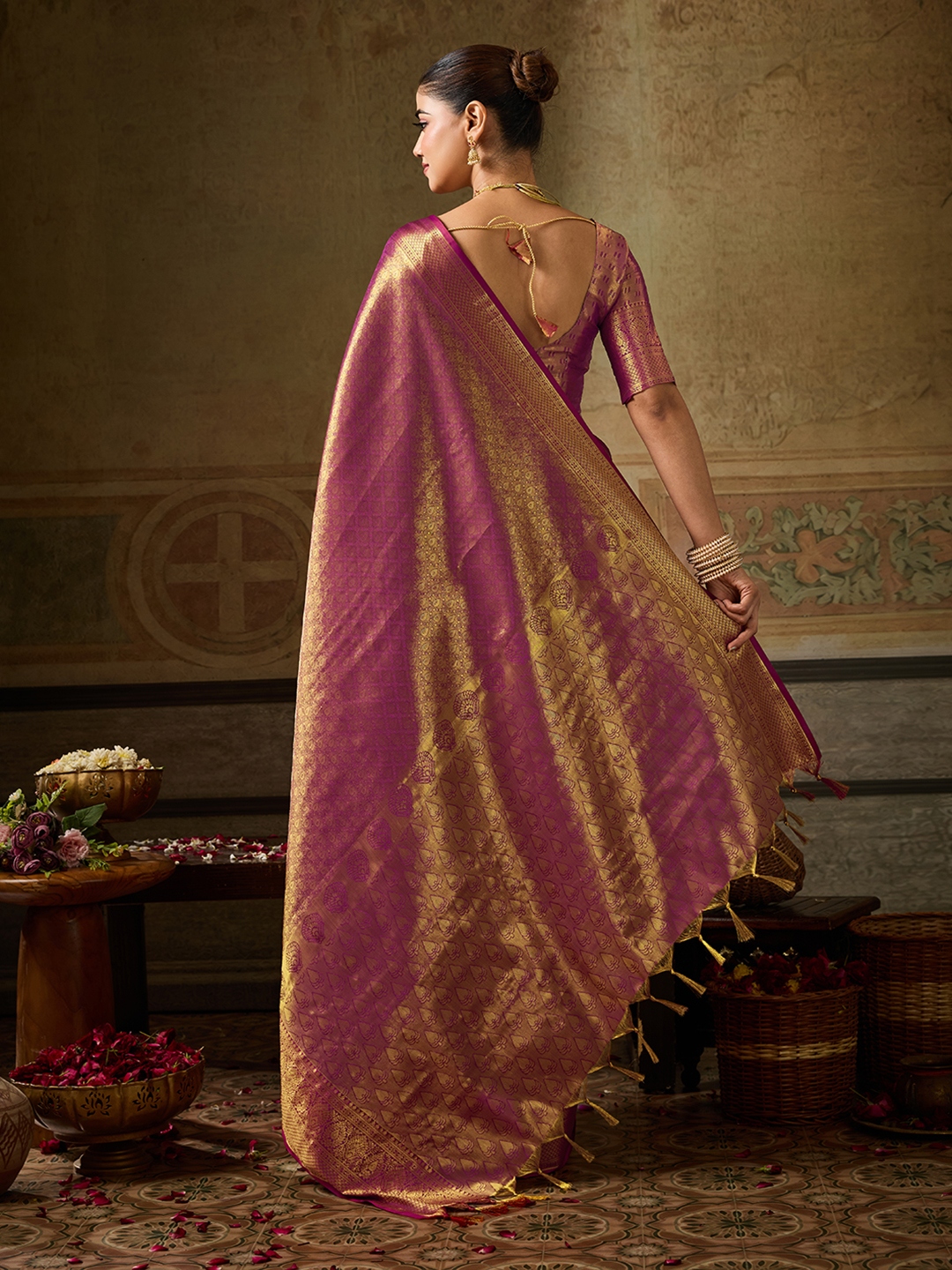 Wine Paisley Zari Work Kanchivaram Silk Saree — alternate view