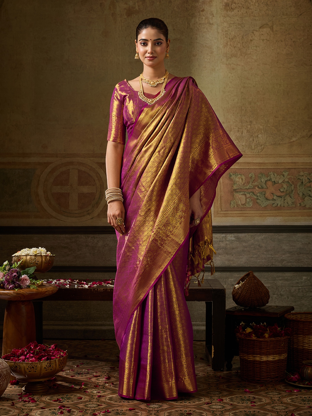 Wine Paisley Zari Work Kanchivaram Silk Saree