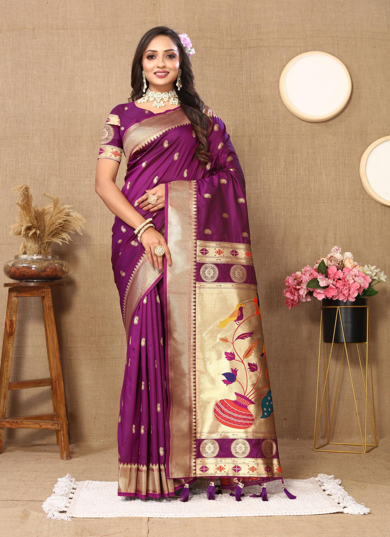 Wine Paithani Silk Saree