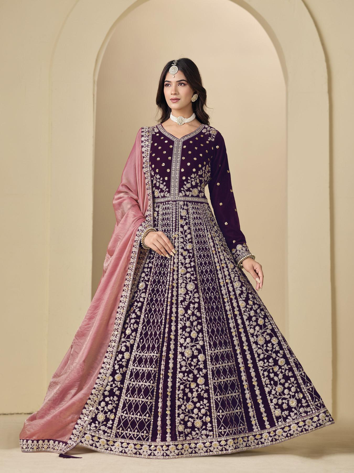 Wine Pink Floral Designer Embroidered Anarkali Suit