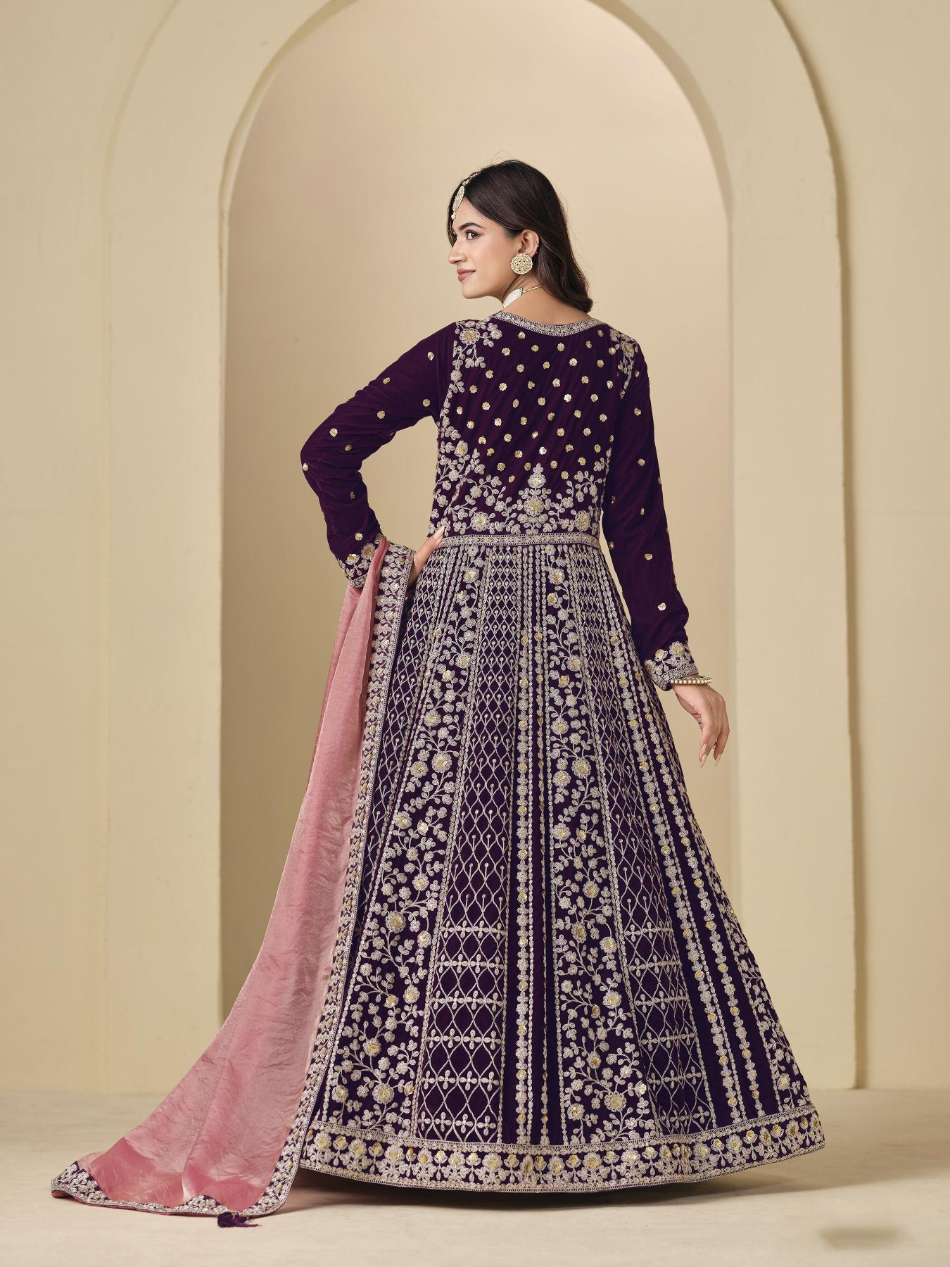 Wine Pink Floral Designer Embroidered Anarkali Suit — alternate view