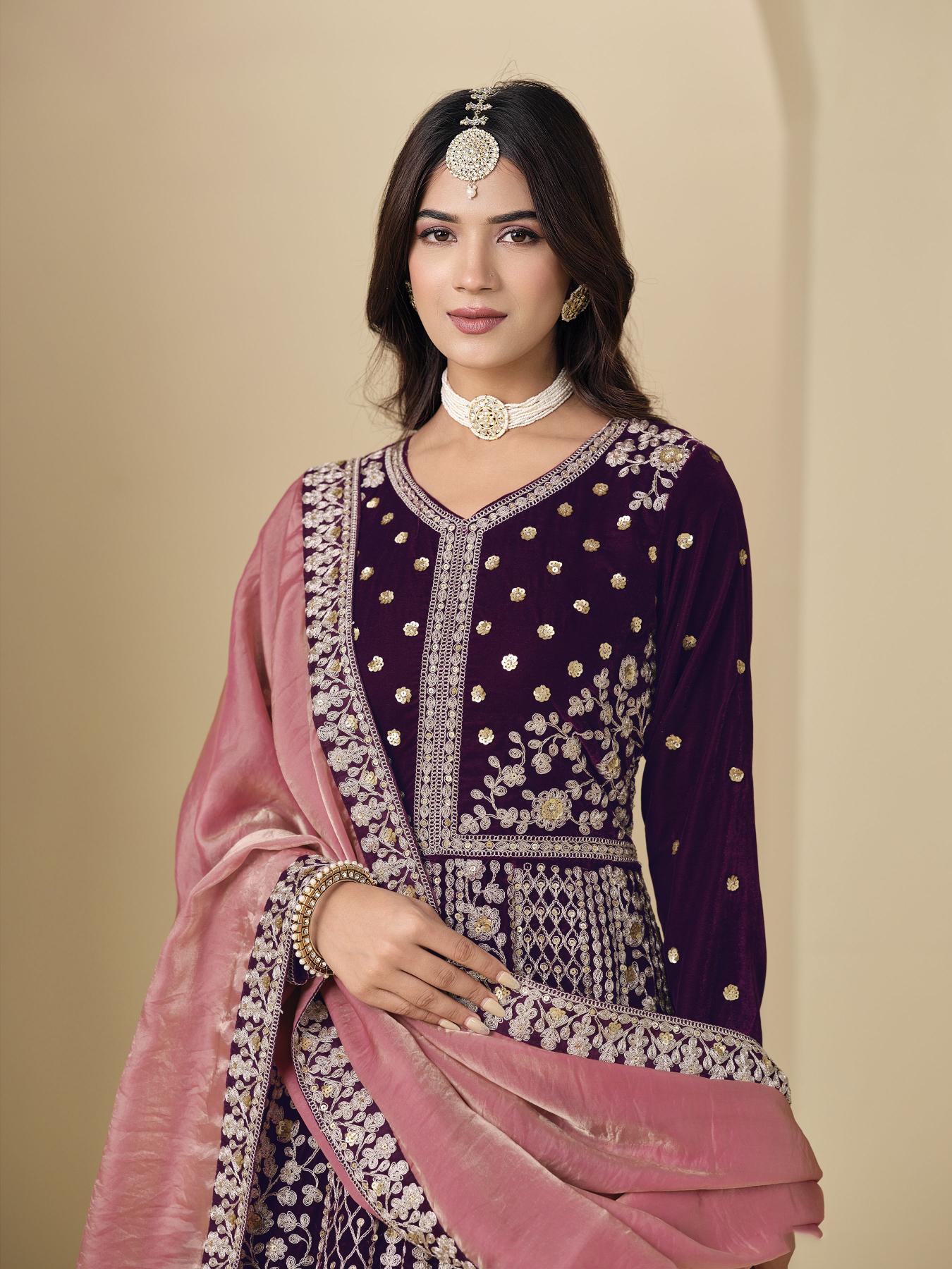 Wine Pink Floral Designer Embroidered Anarkali Suit