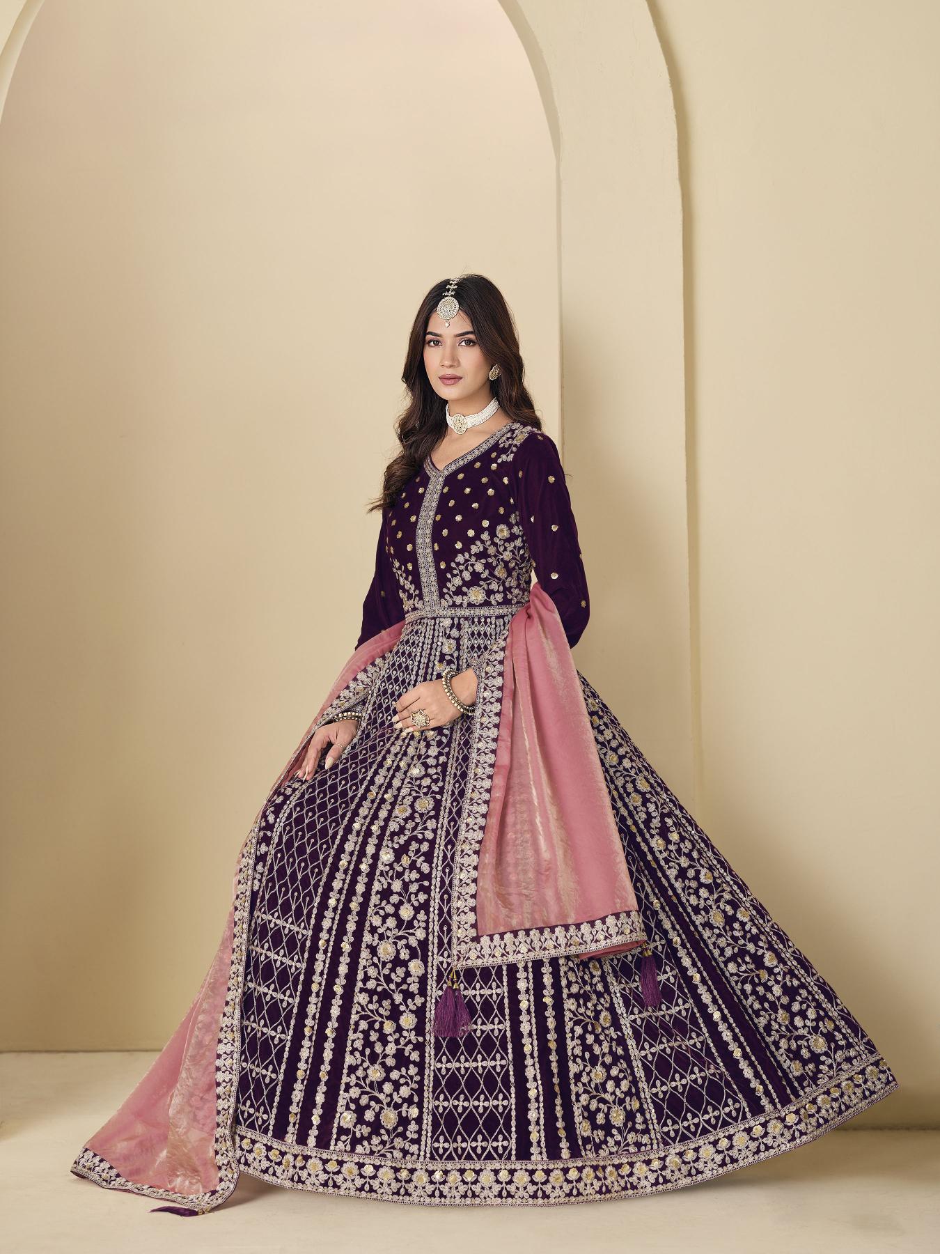 Wine Pink Floral Designer Embroidered Anarkali Suit