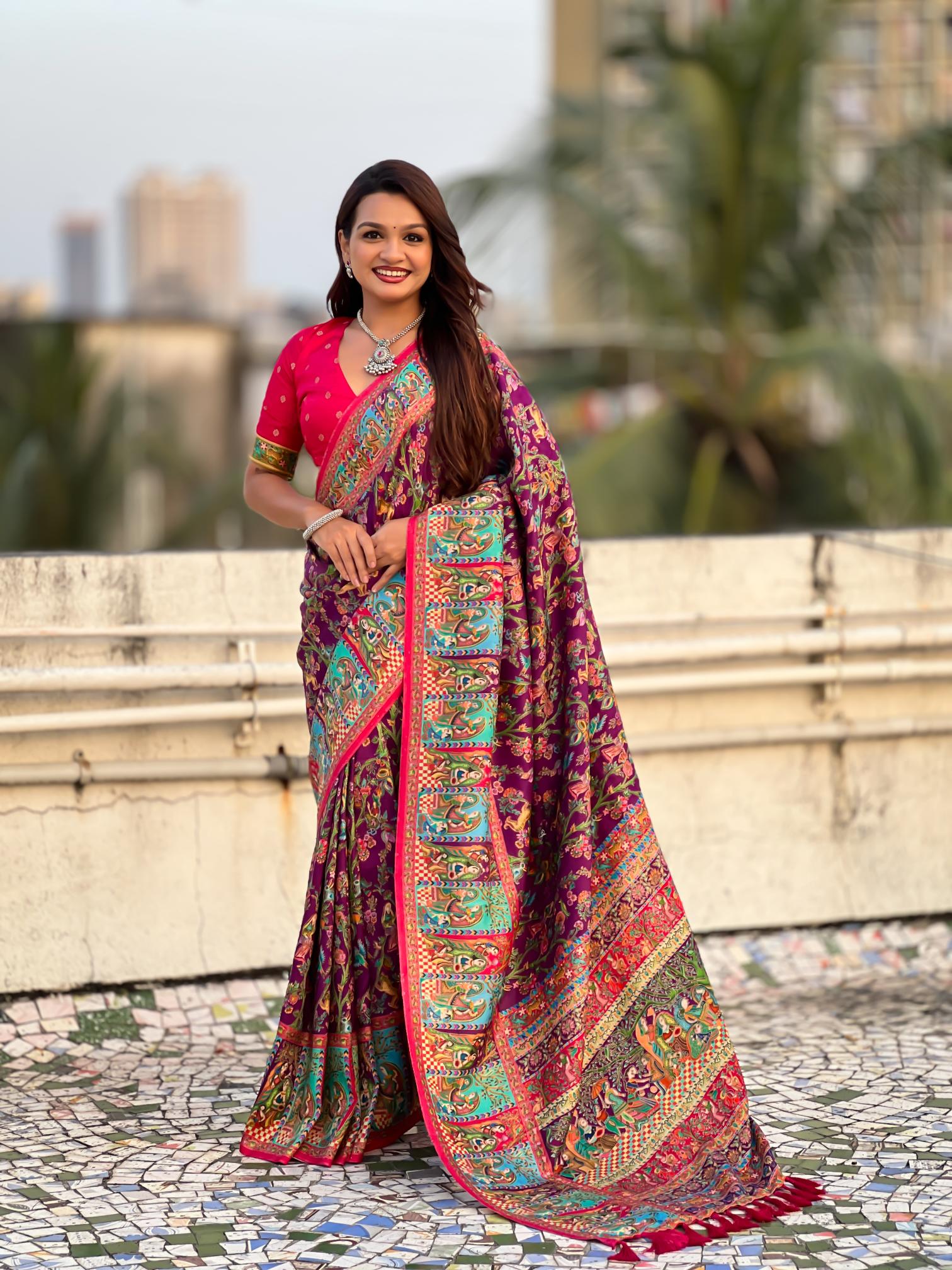 Wine Pink Printed Viscose Silk Saree