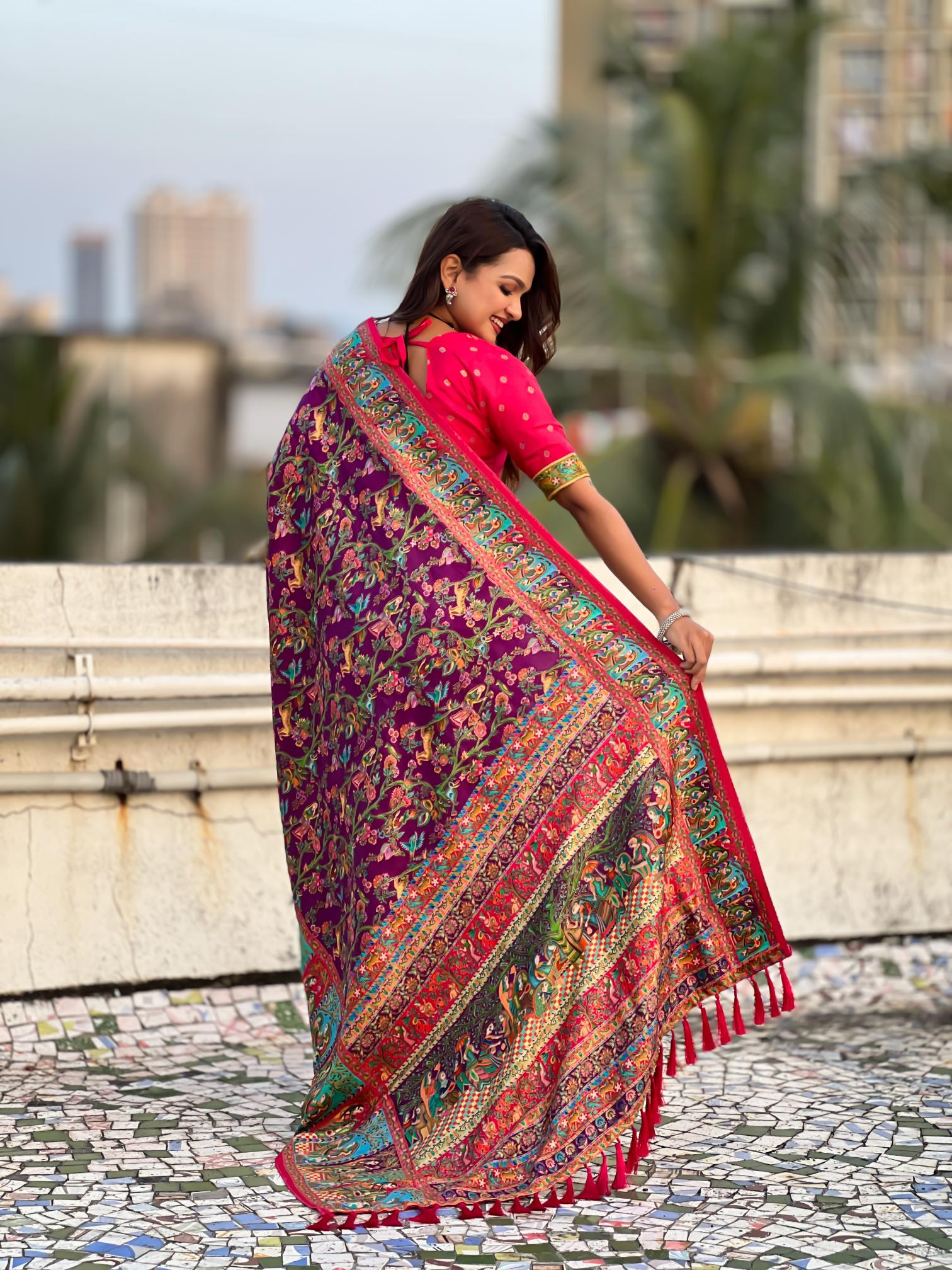 Wine Pink Printed Viscose Silk Saree — alternate view