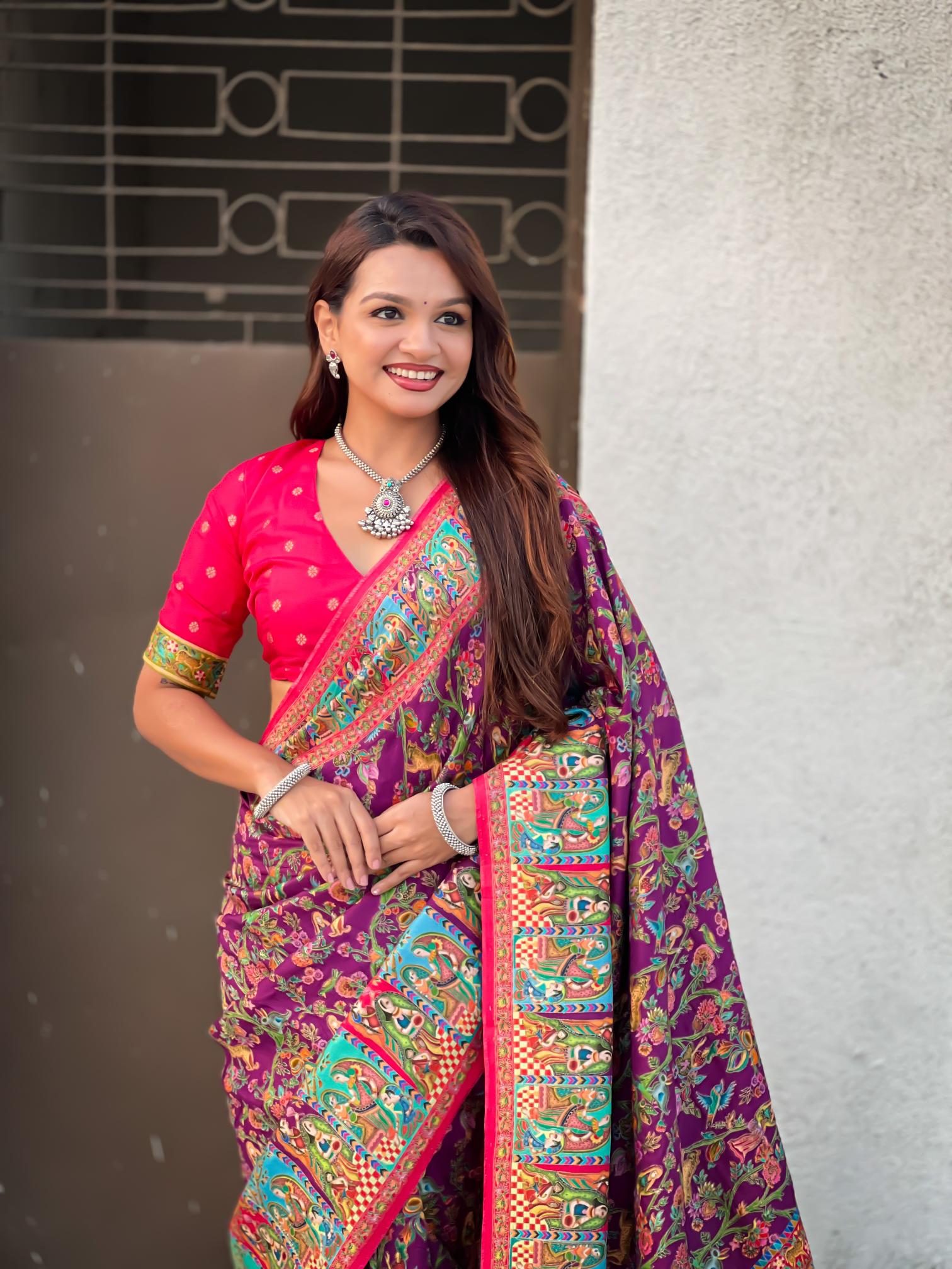 Wine Pink Printed Viscose Silk Saree