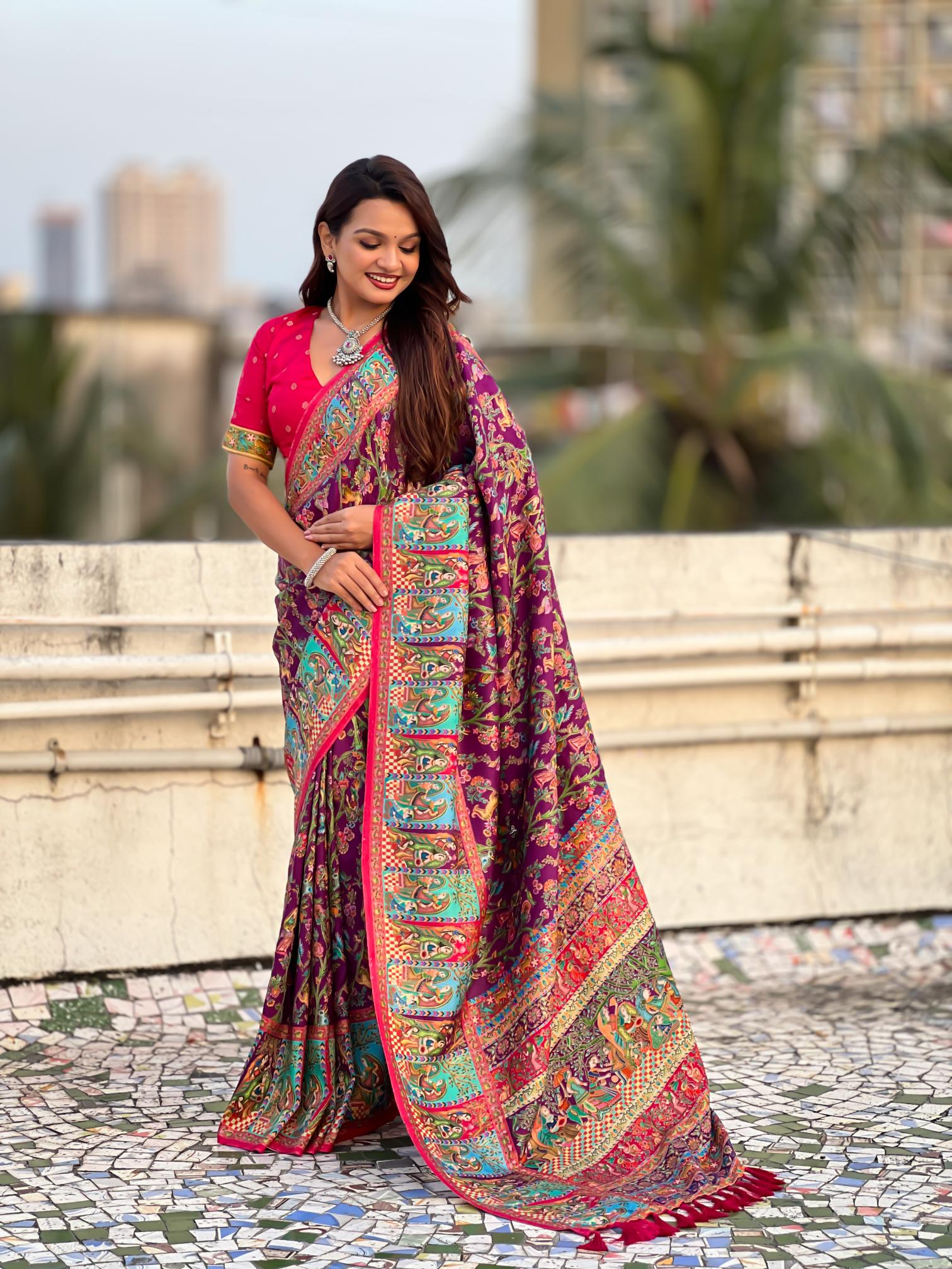 Wine Pink Printed Viscose Silk Saree