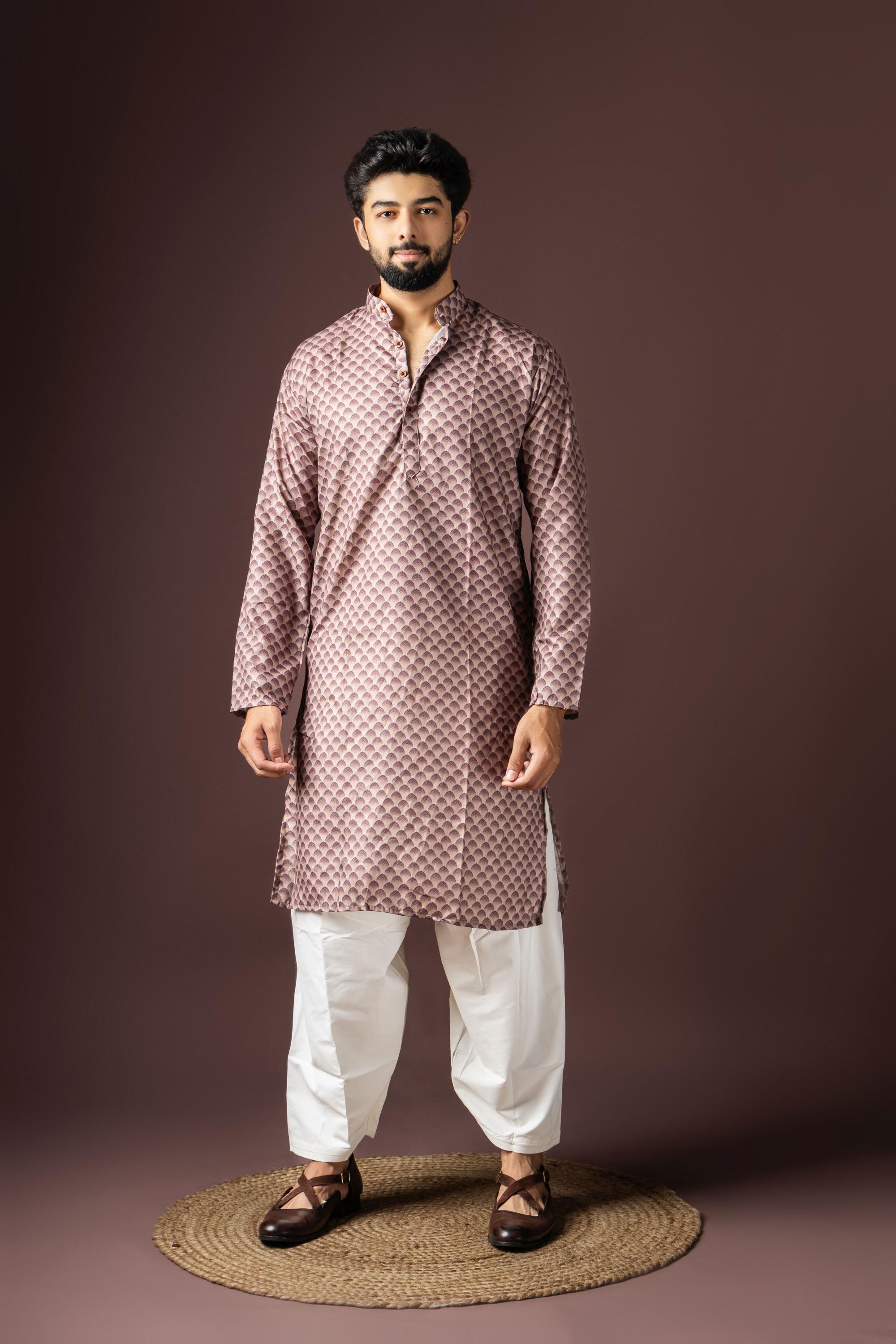 Wine Printed Blended Cotton Kurta Pyjama