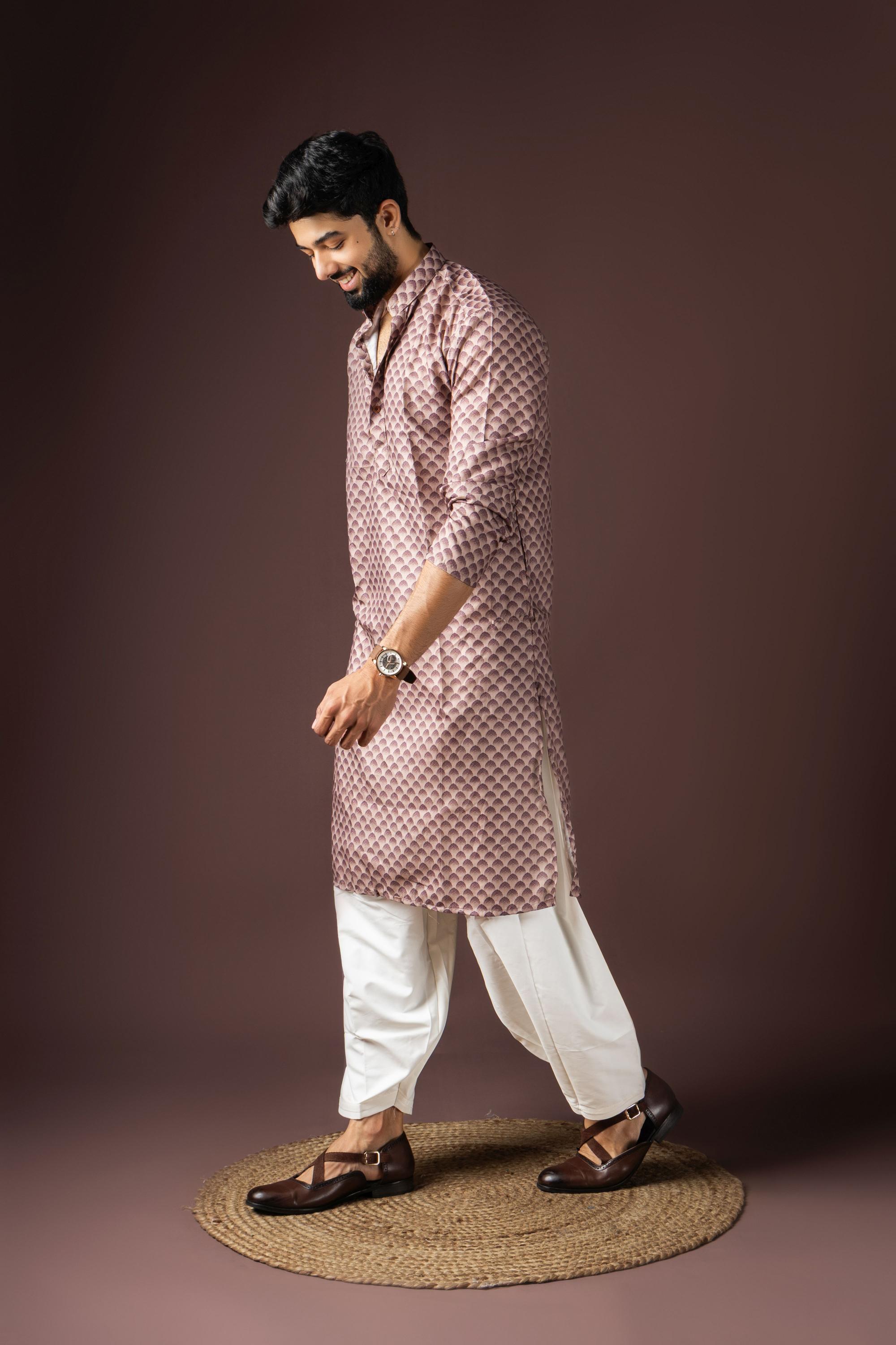 Wine Printed Blended Cotton Kurta Pyjama
