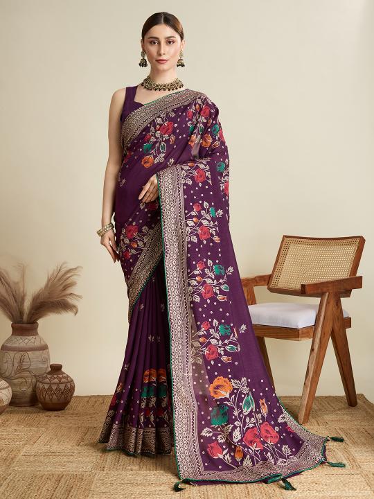 Wine Printed Cotton Saree