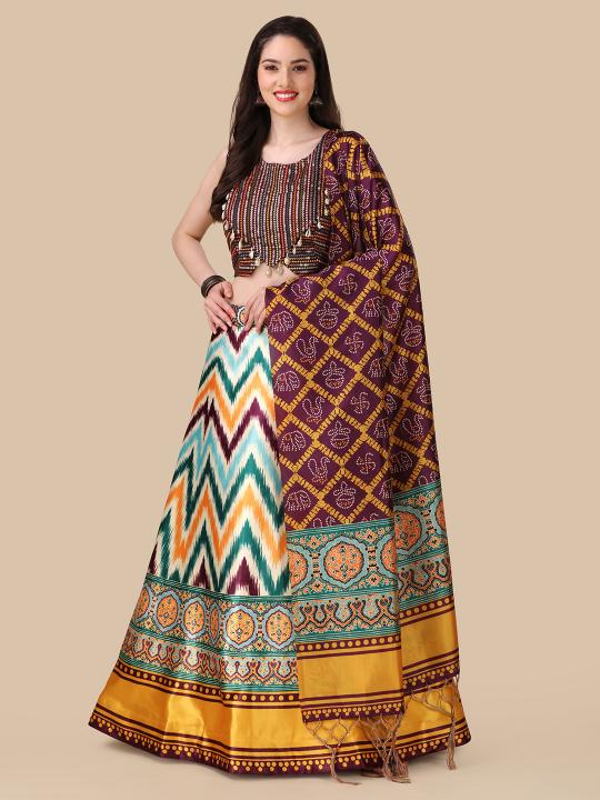 Wine Printed Satin Silk Lehenga