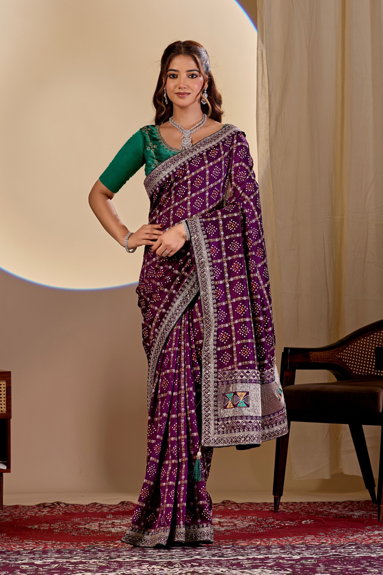 Wine Printed Vichitra Saree