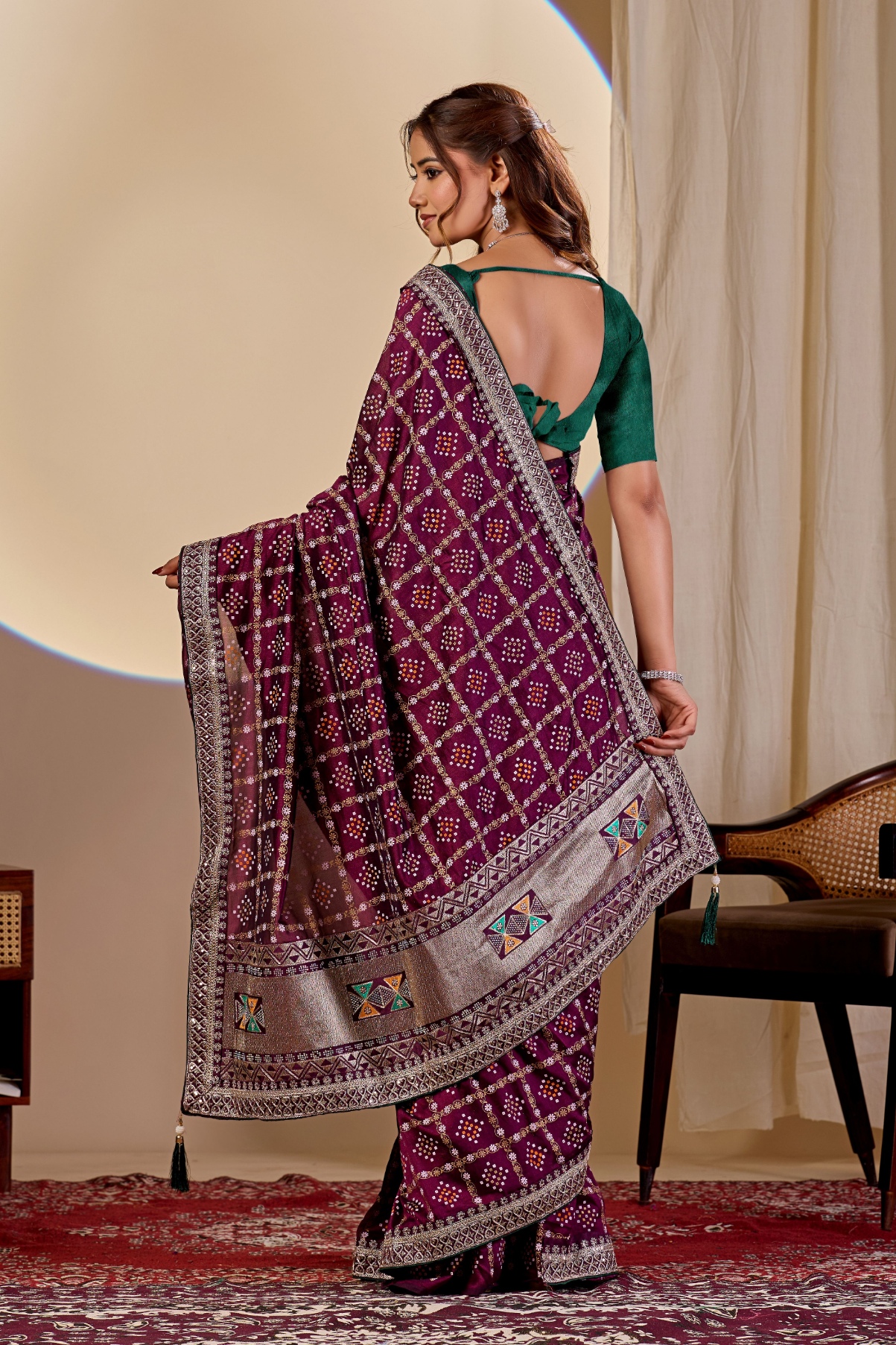 Wine Printed Vichitra Saree — alternate view