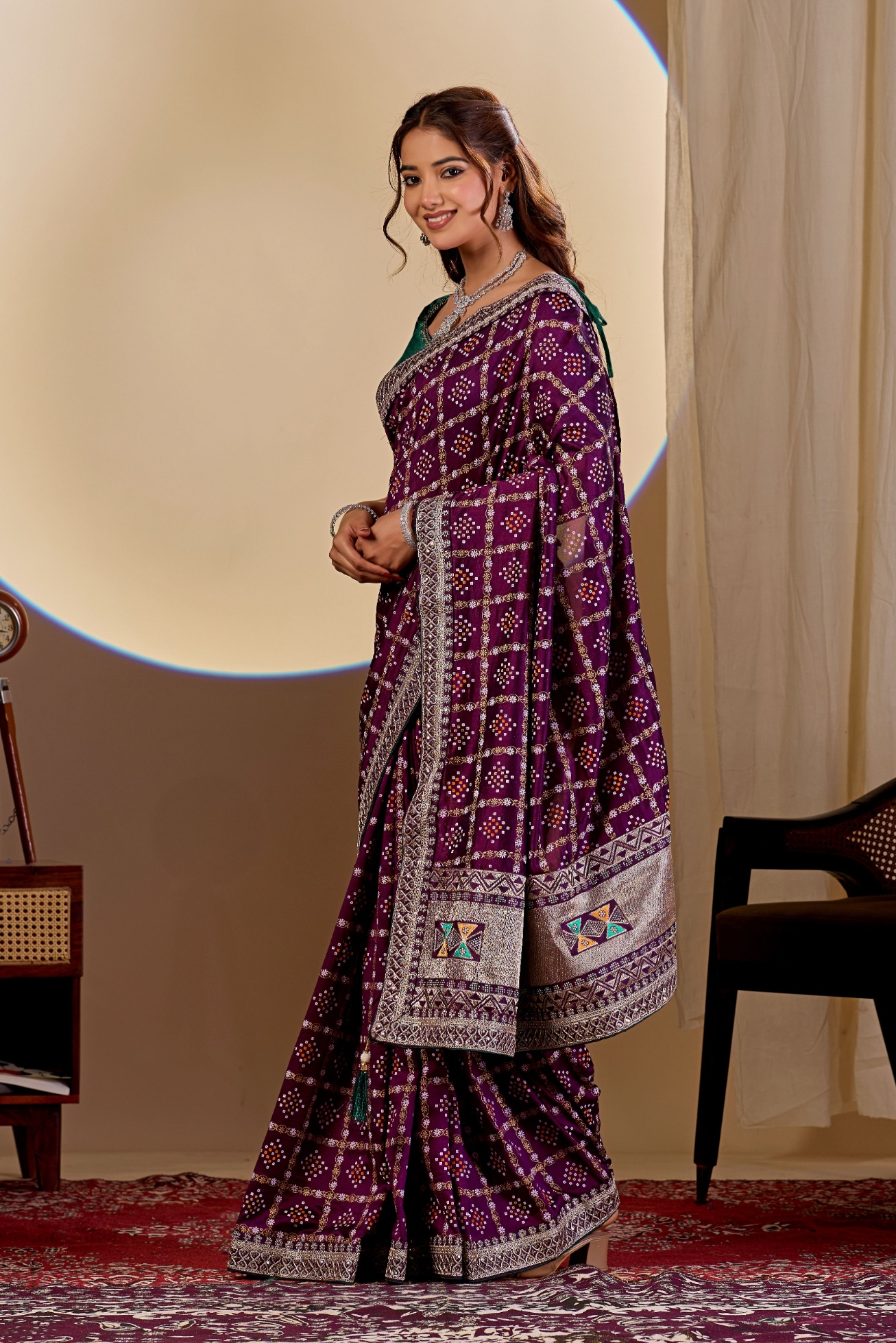 Wine Printed Vichitra Saree