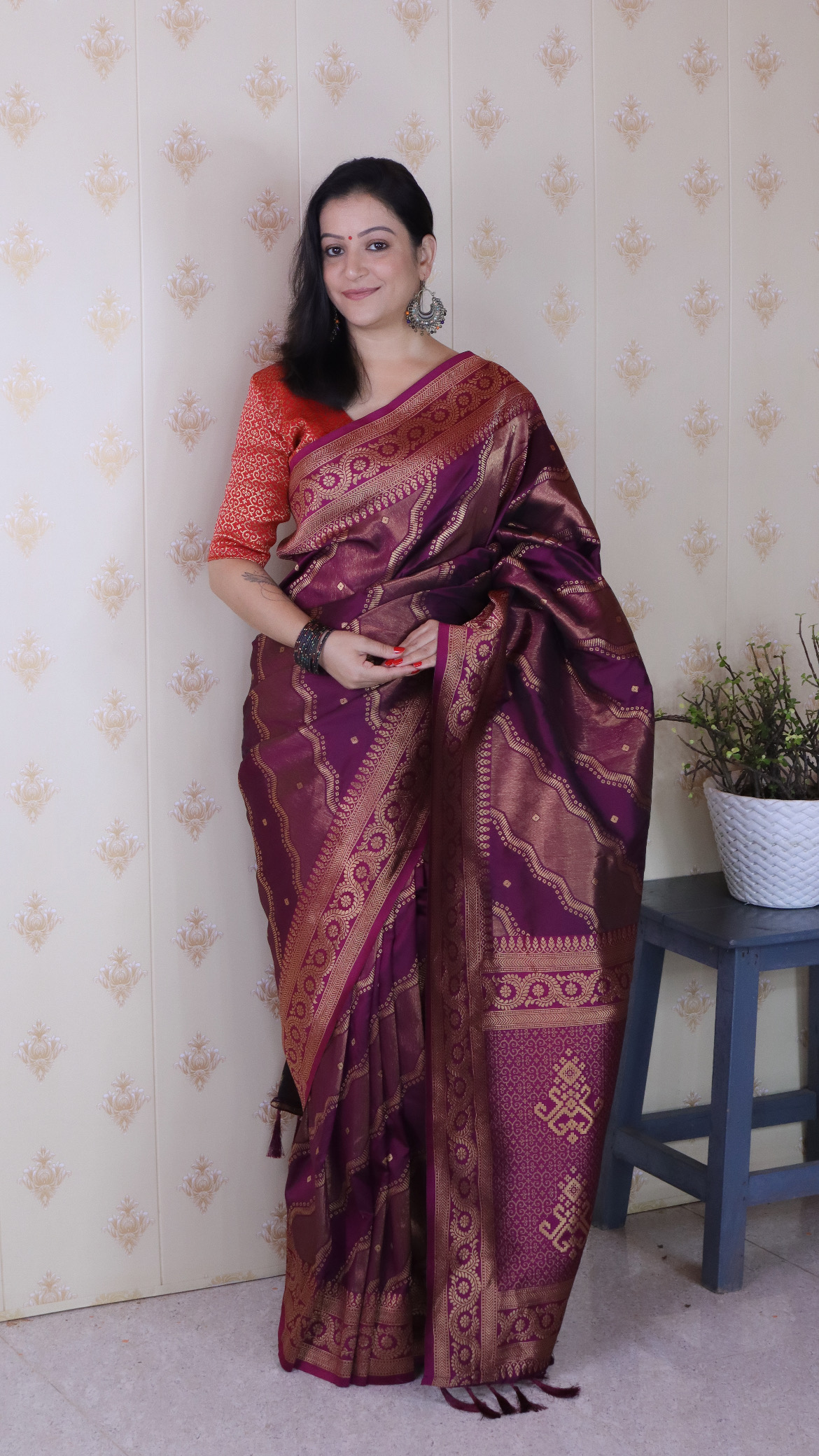 Wine Red Soft Silk Zari Designer Saree