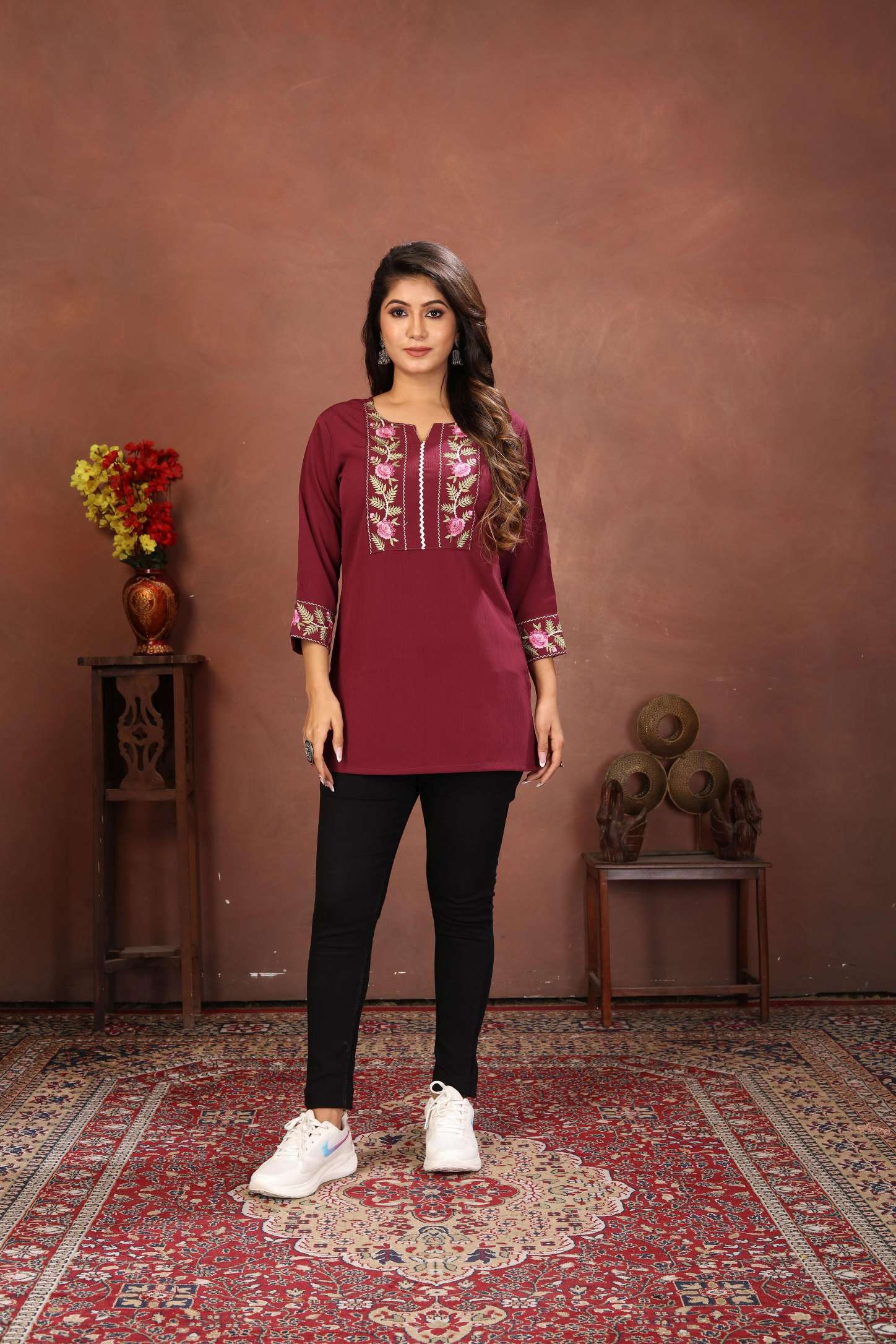 Wine Rinkal Cotton Embroidered Short Kurti