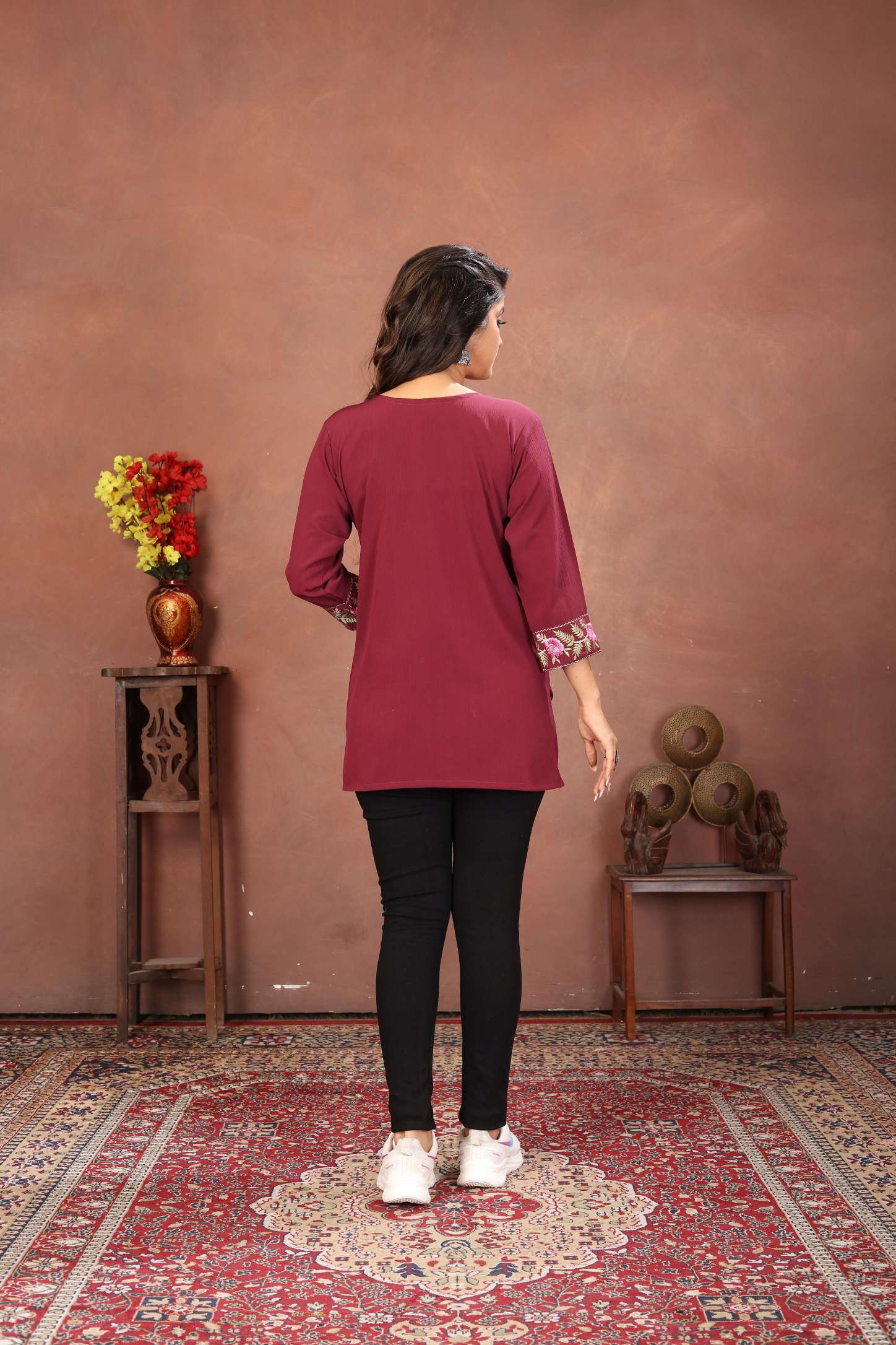 Wine Rinkal Cotton Embroidered Short Kurti — alternate view
