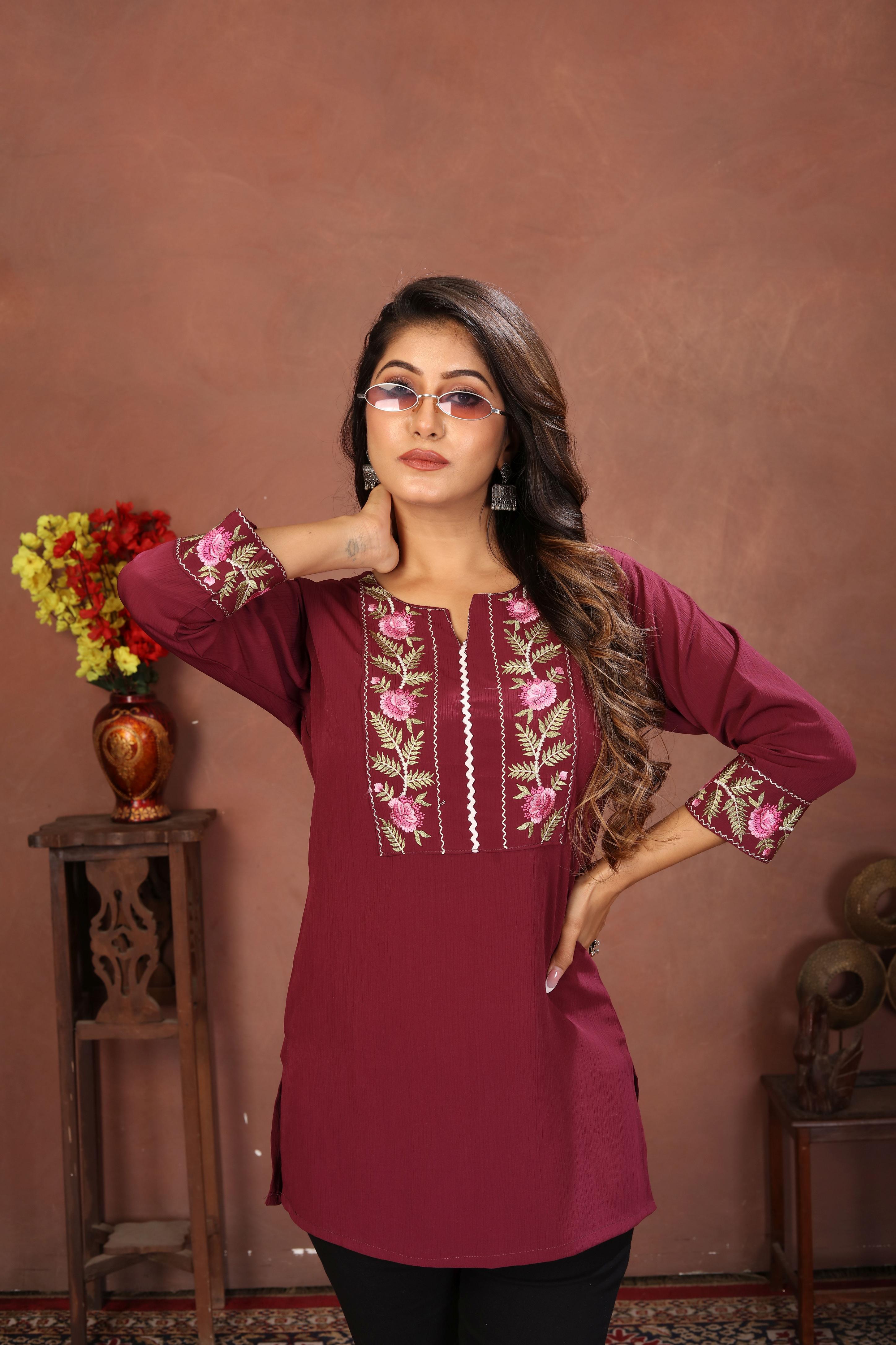 Wine Rinkal Cotton Embroidered Short Kurti