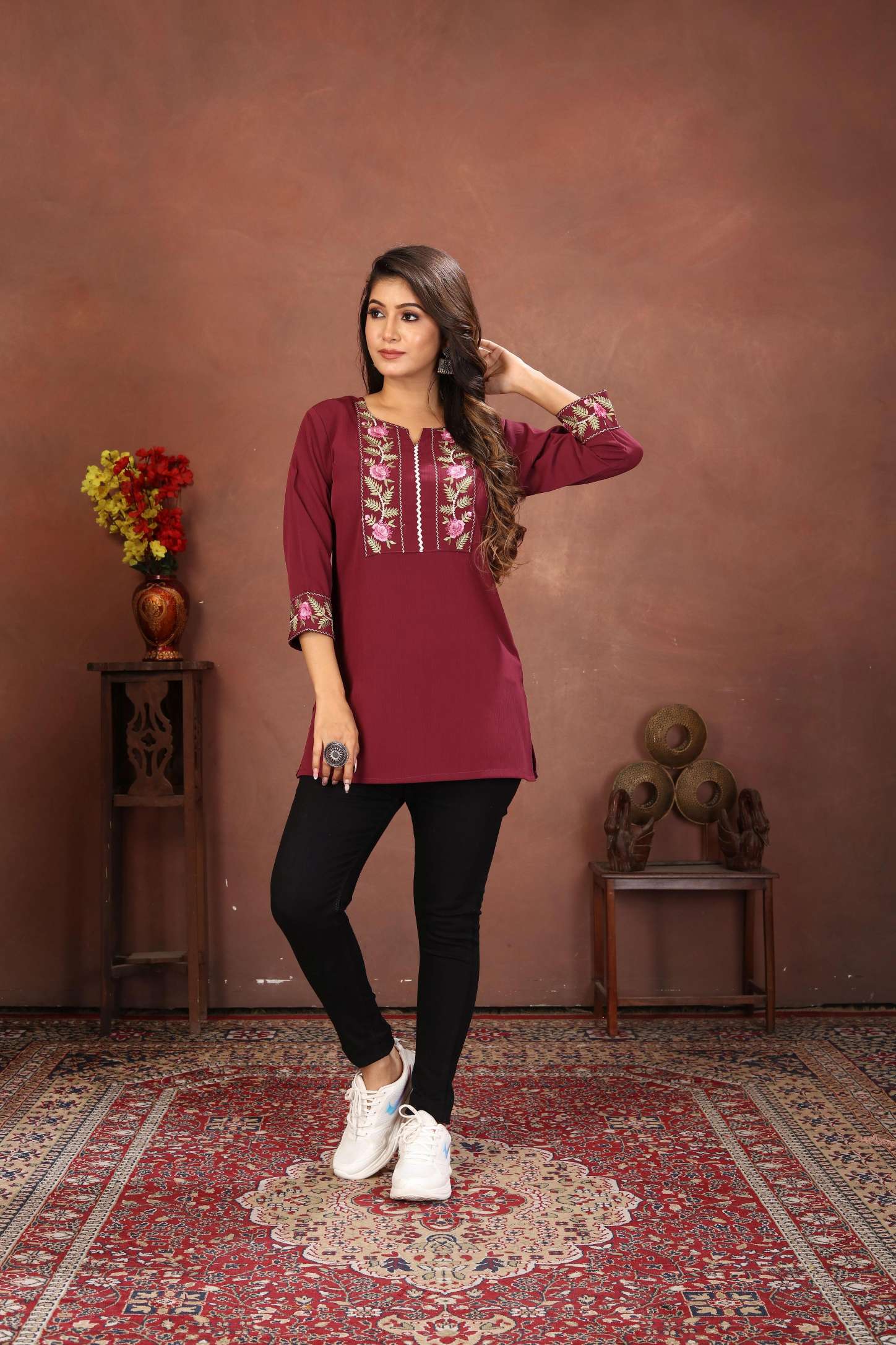 Wine Rinkal Cotton Embroidered Short Kurti