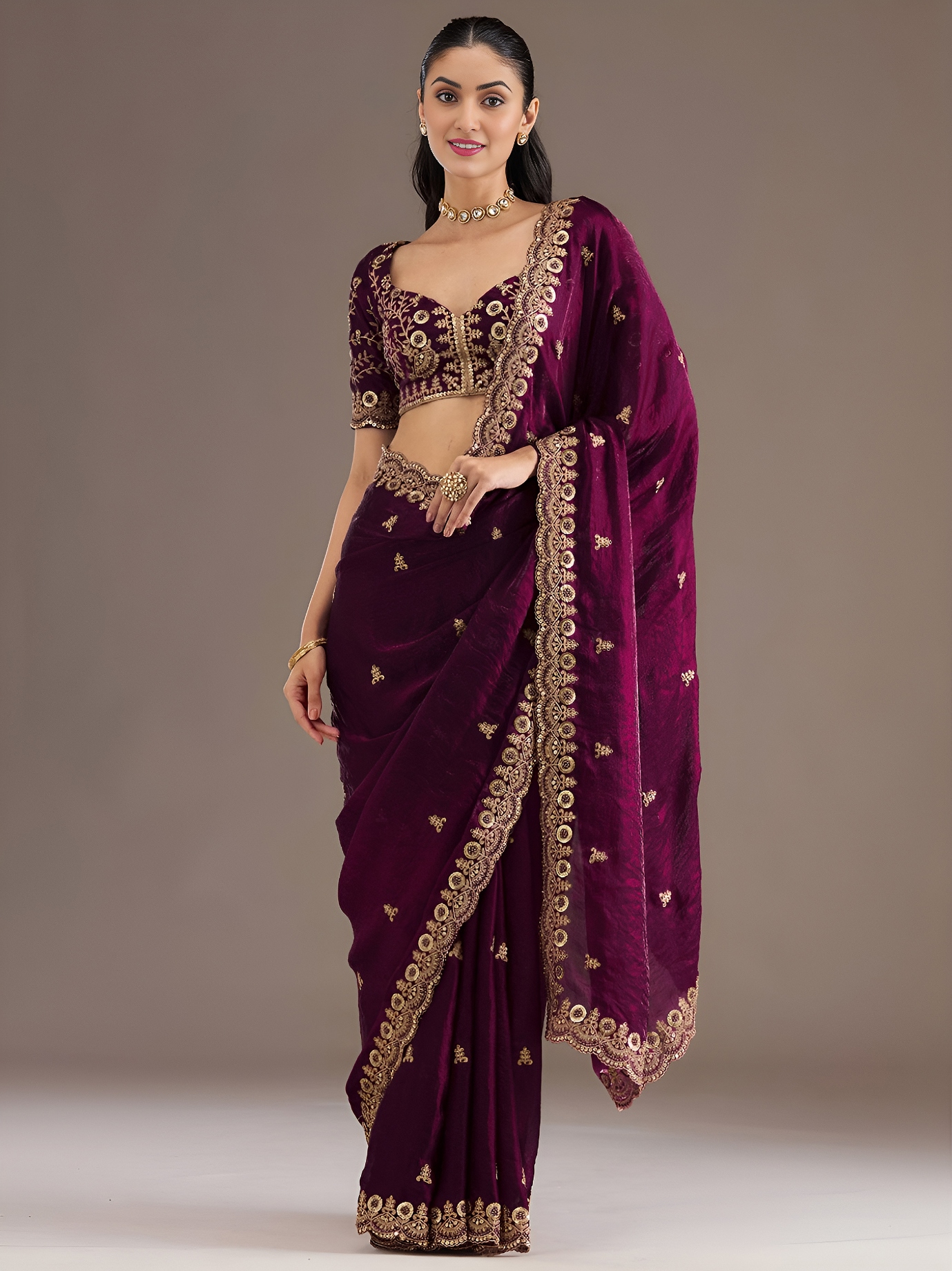 Wine Royal Buta Zari Embroidery Tissue Saree