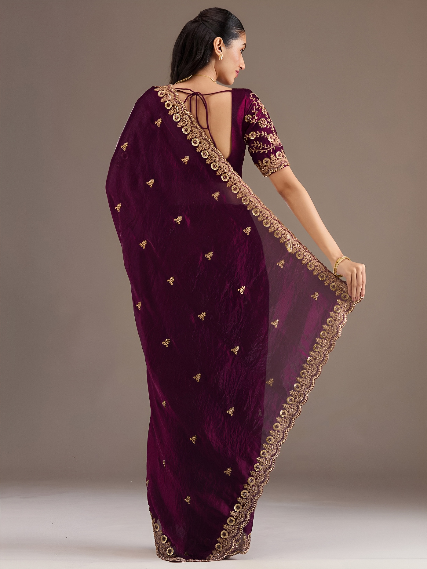 Wine Royal Buta Zari Embroidery Tissue Saree — alternate view