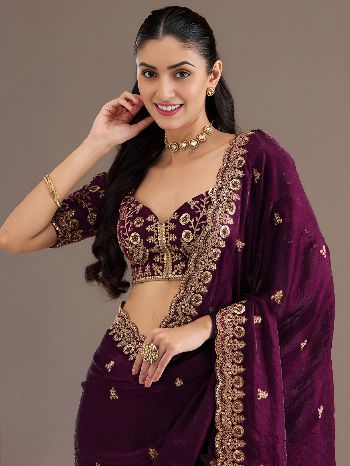 Wine Royal Buta Zari Embroidery Tissue Saree