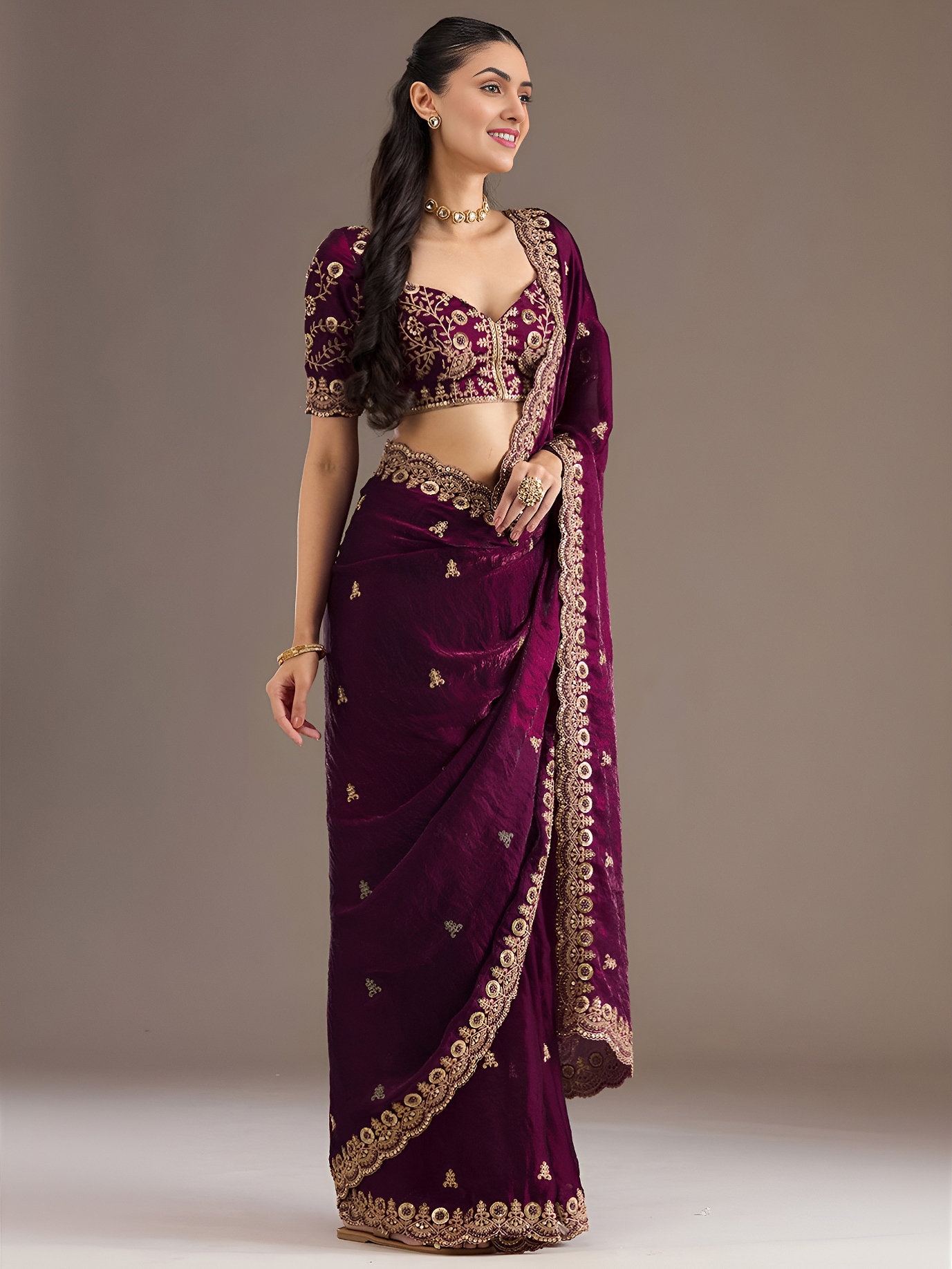 Wine Royal Buta Zari Embroidery Tissue Saree