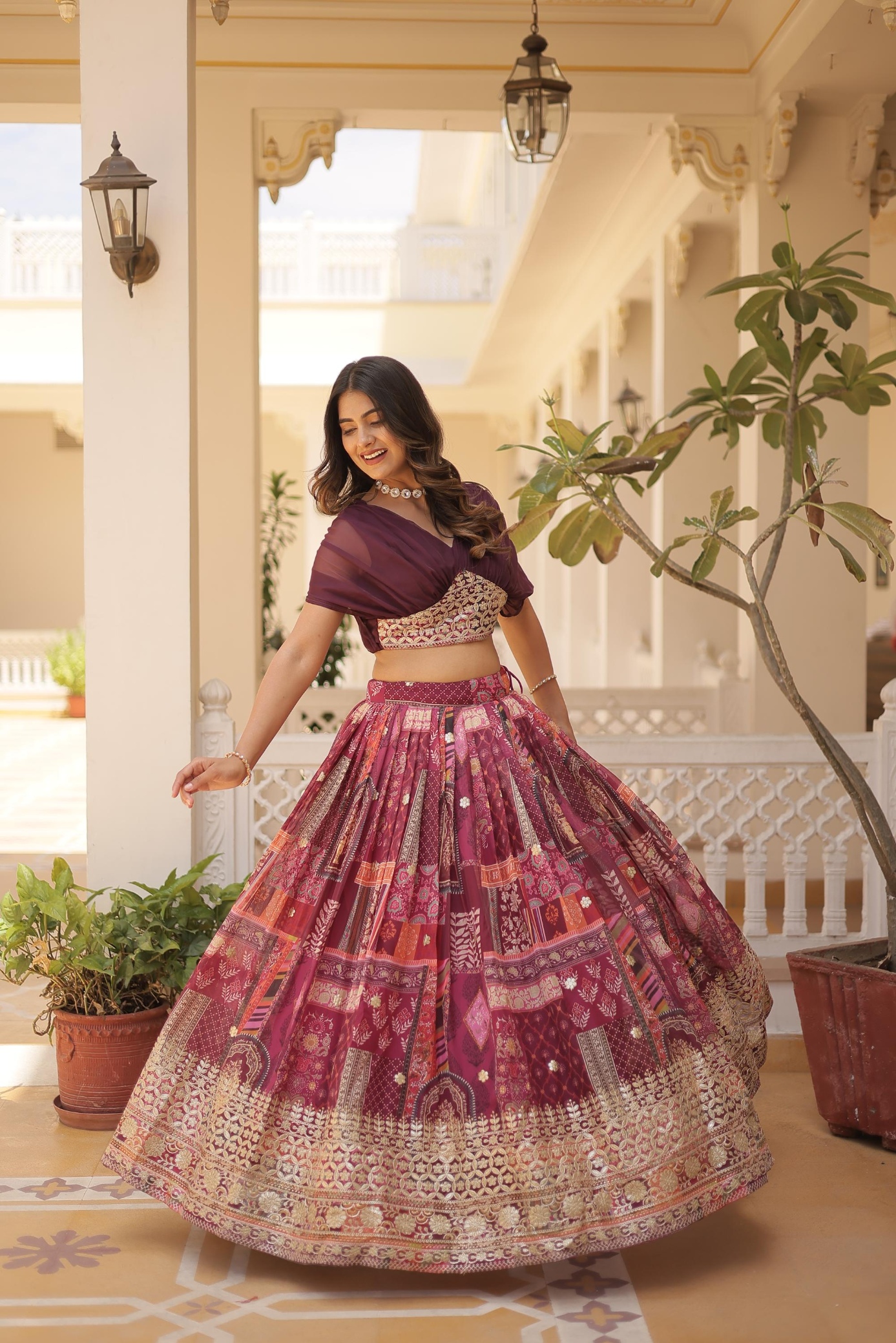 Wine Russian Silk Lehenga Choli