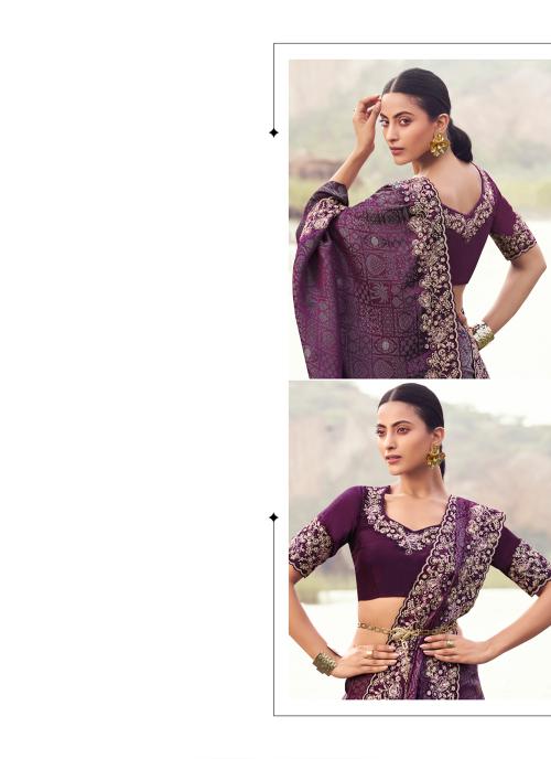 Wine Satin Jacquard Silk Saree with Heavy Embroidery — alternate view