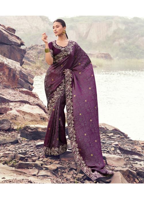 Wine Satin Jacquard Silk Saree with Heavy Embroidery