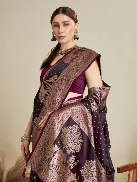 Wine Satin Silk Saree