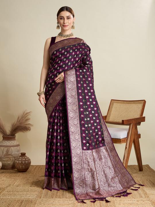 Wine Satin Silk Saree
