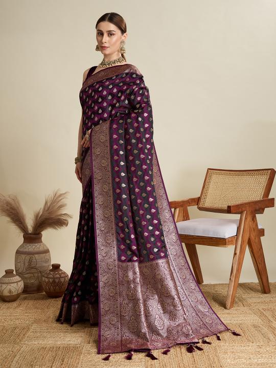 Wine Satin Silk Saree